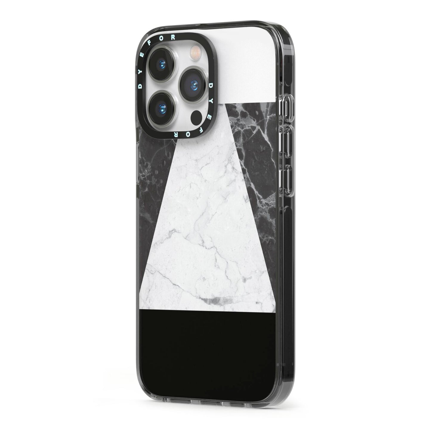 Marble White Black iPhone 13 Pro Black Impact Case Side Angle on Silver phone