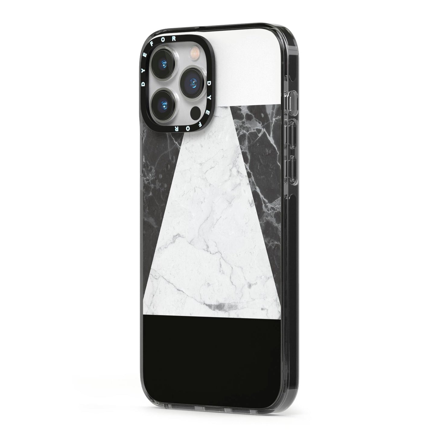 Marble White Black iPhone 13 Pro Max Black Impact Case Side Angle on Silver phone