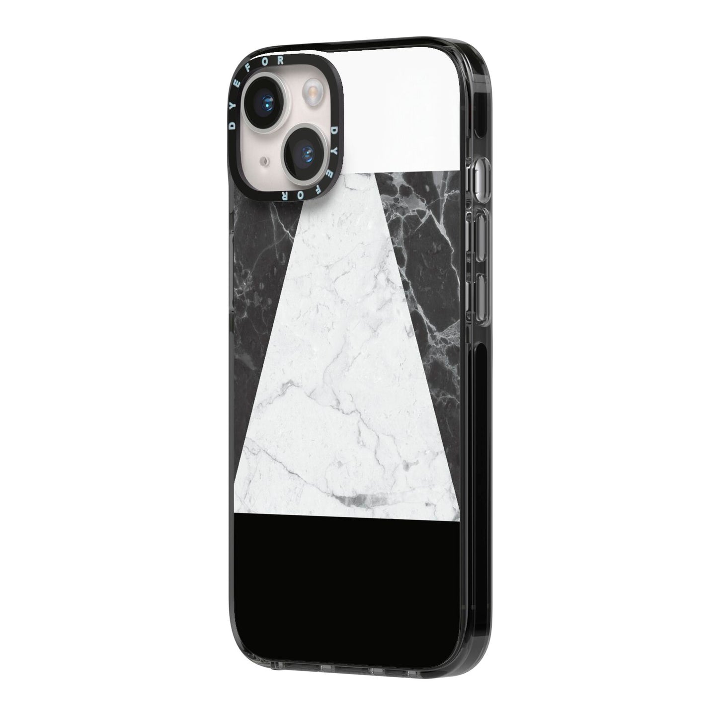 Marble White Black iPhone 14 Black Impact Case Side Angle on Silver phone