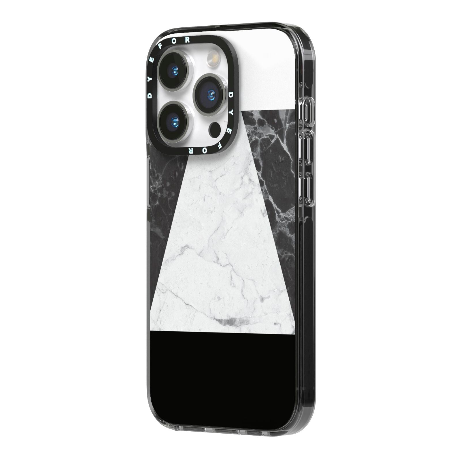 Marble White Black iPhone 14 Pro Black Impact Case Side Angle on Silver phone