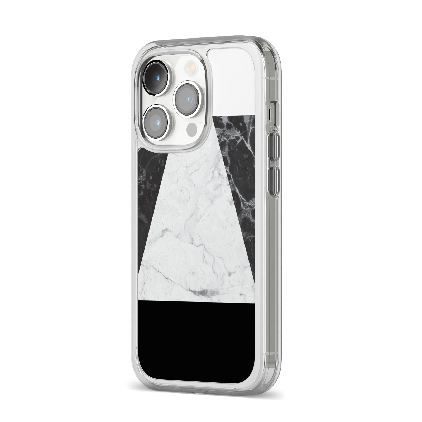 Marble White Black iPhone 14 Pro Clear Tough Case Silver Angled Image