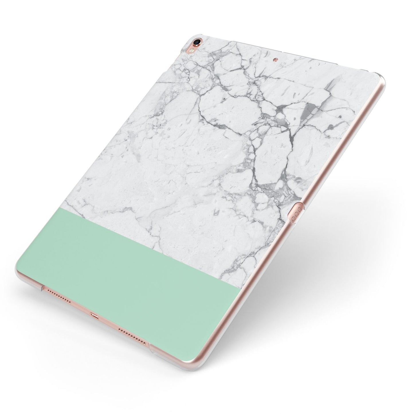 Marble White Carrara Green Apple iPad Case on Rose Gold iPad Side View