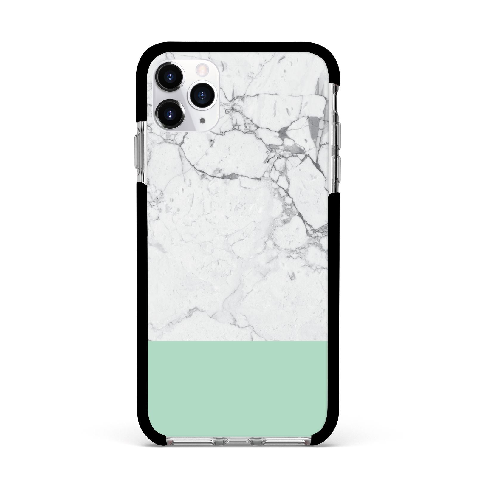 Marble White Carrara Green Apple iPhone 11 Pro Max in Silver with Black Impact Case