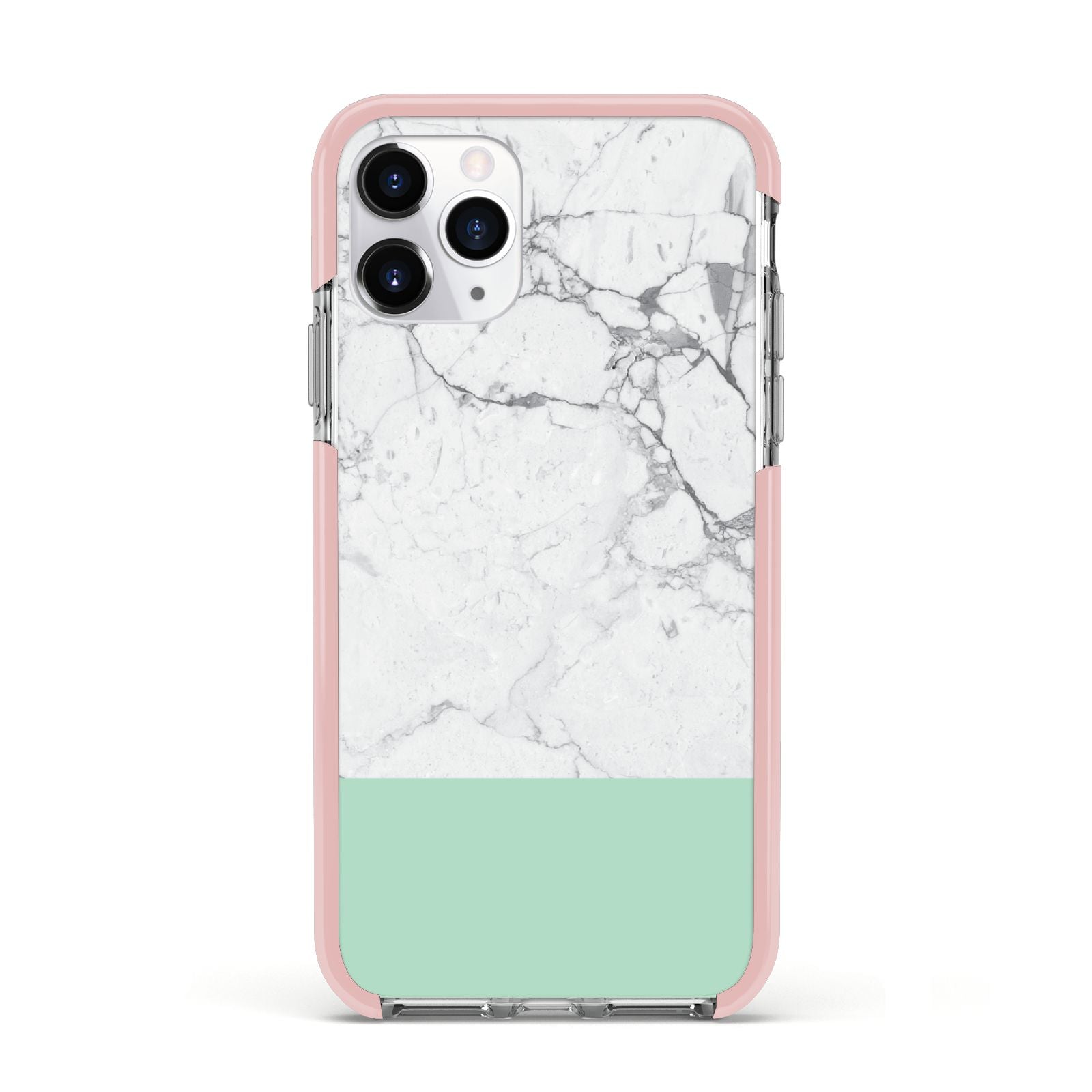 Marble White Carrara Green Apple iPhone 11 Pro in Silver with Pink Impact Case