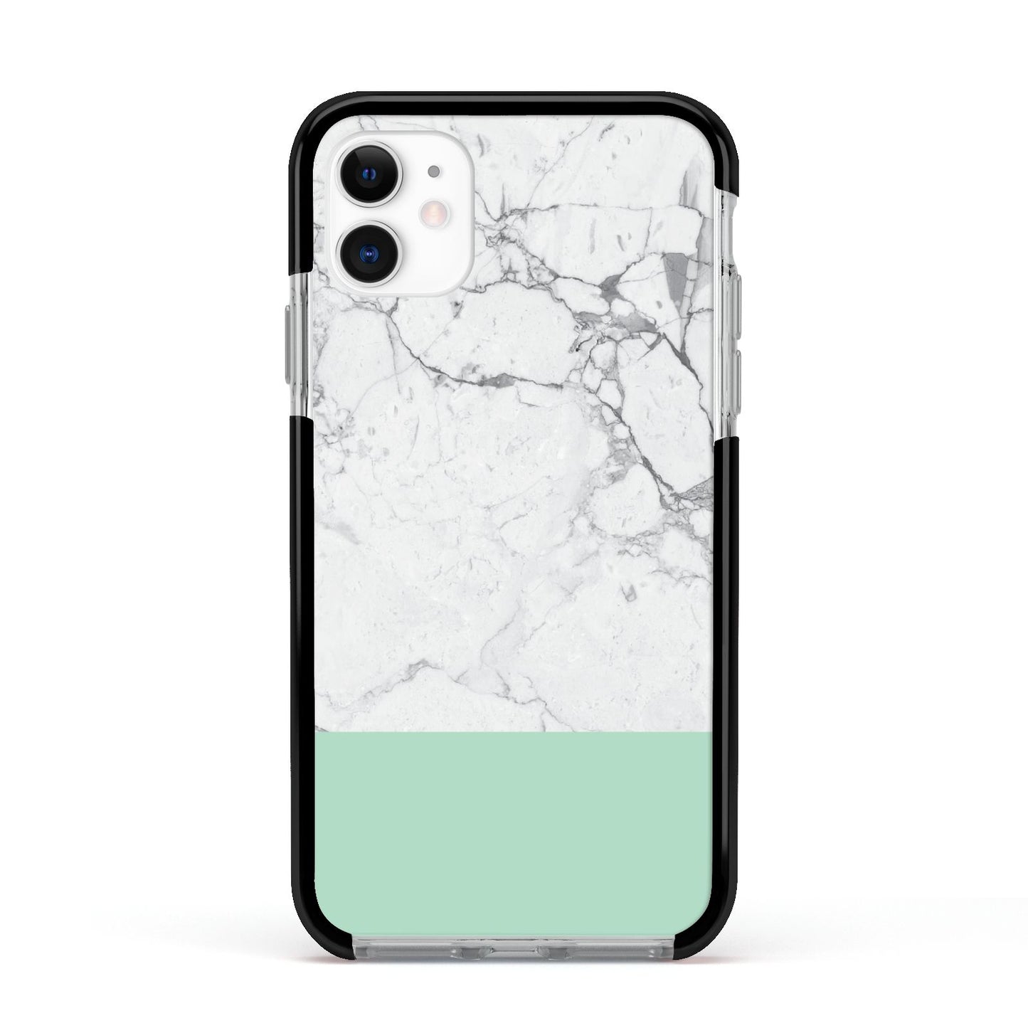 Marble White Carrara Green Apple iPhone 11 in White with Black Impact Case
