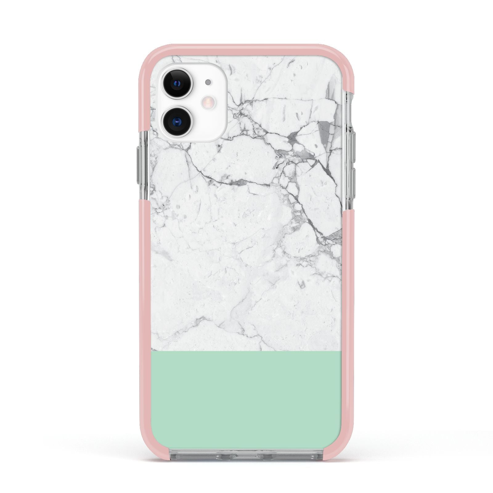 Marble White Carrara Green Apple iPhone 11 in White with Pink Impact Case