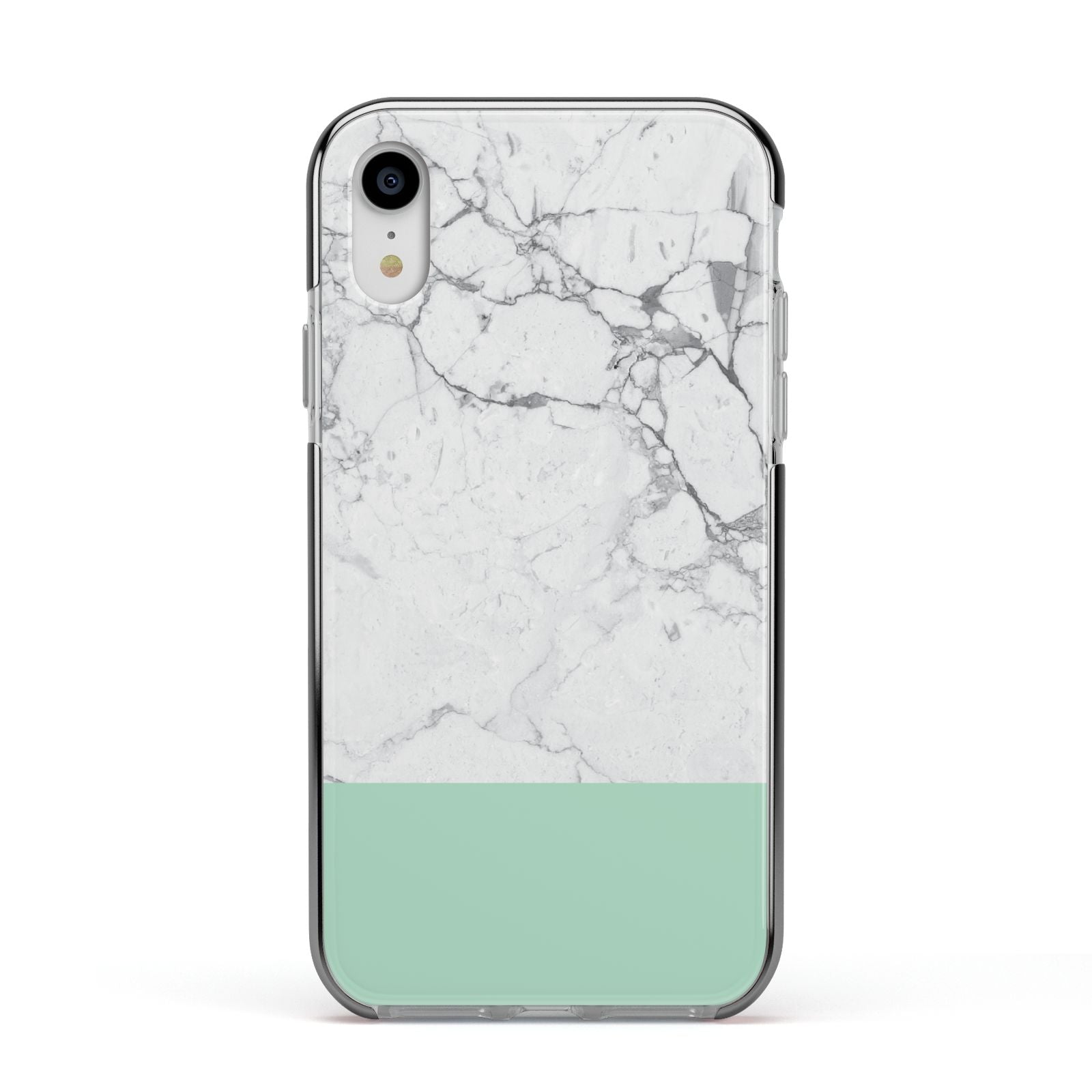 Marble White Carrara Green Apple iPhone XR Impact Case Black Edge on Silver Phone