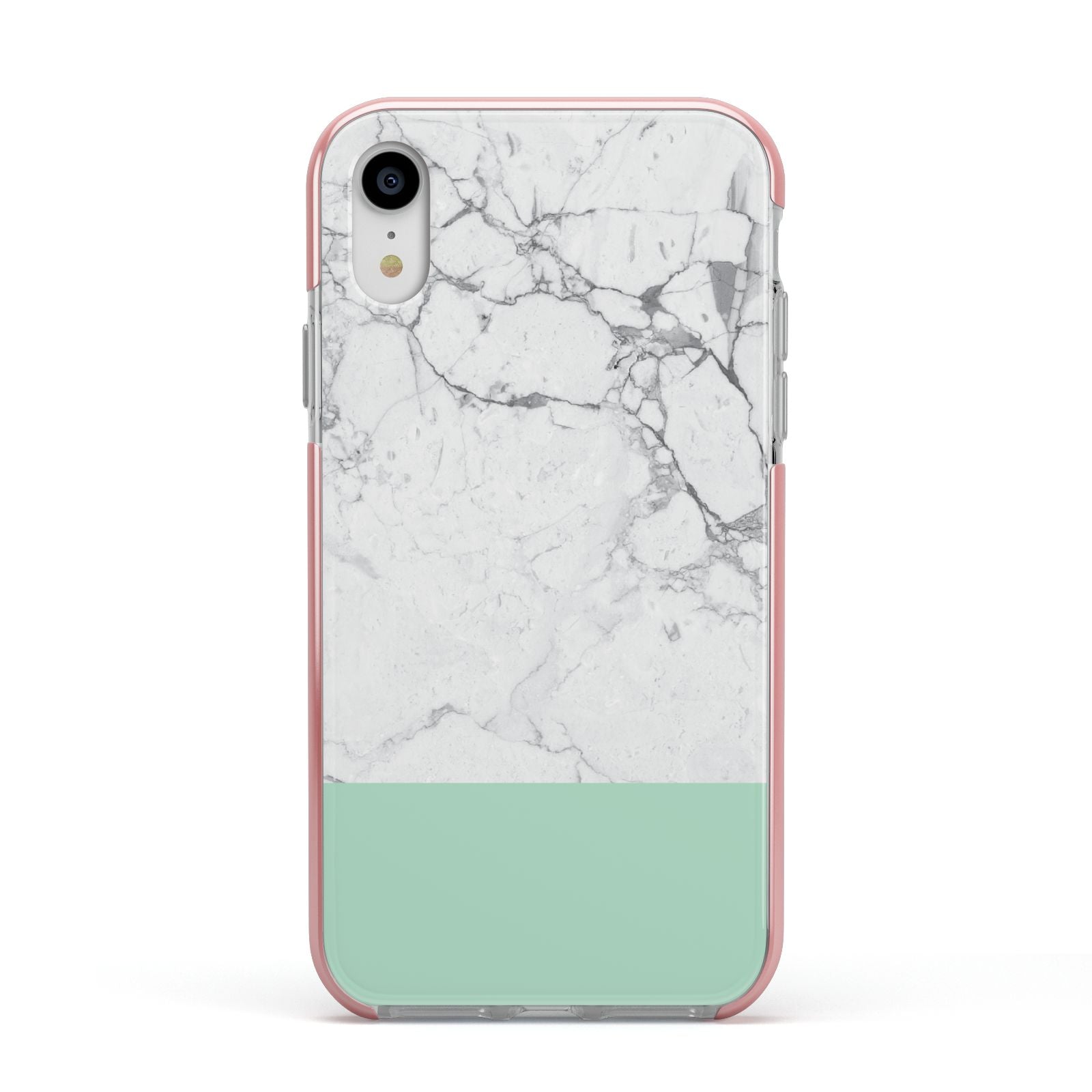 Marble White Carrara Green Apple iPhone XR Impact Case Pink Edge on Silver Phone