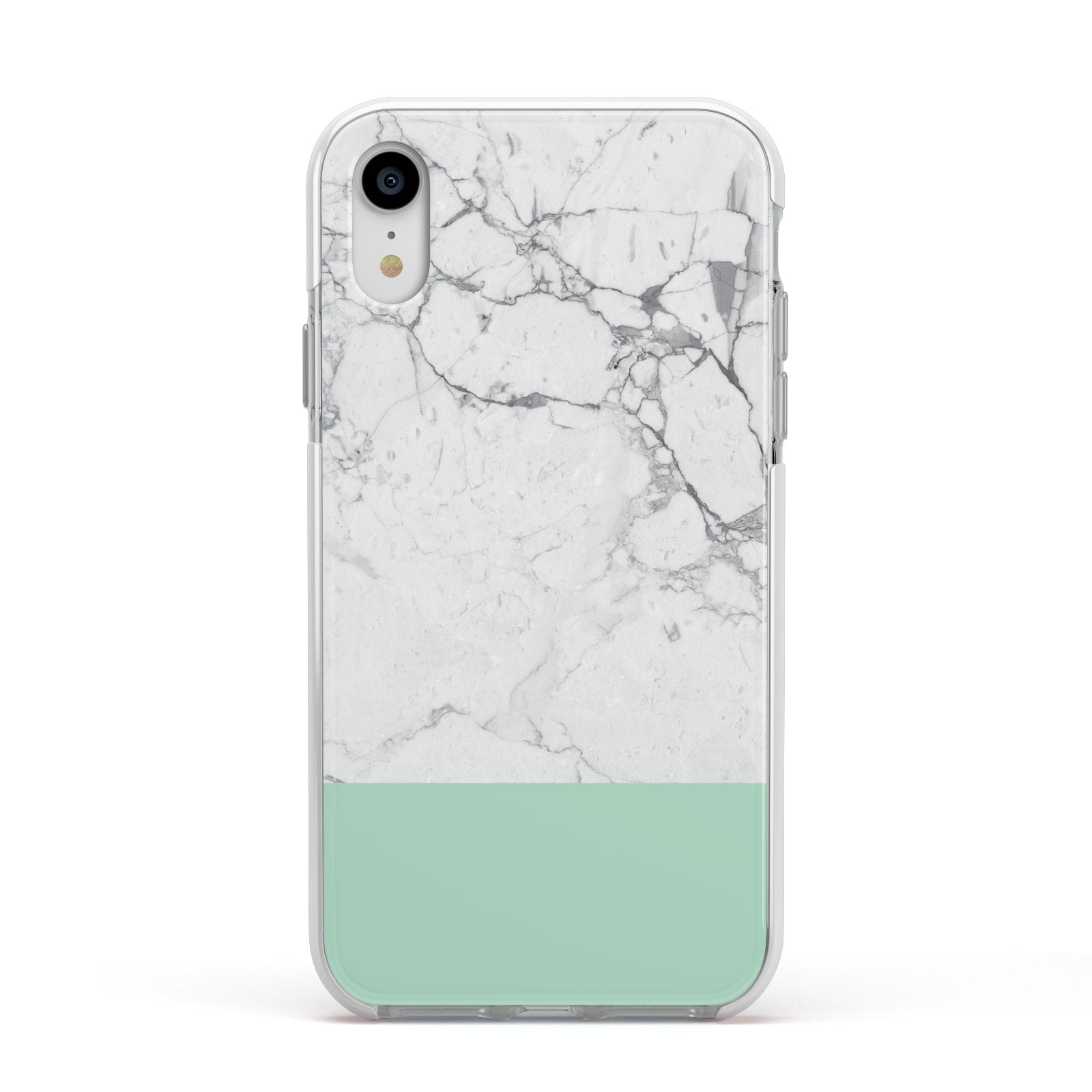 Marble White Carrara Green Apple iPhone XR Impact Case White Edge on Silver Phone