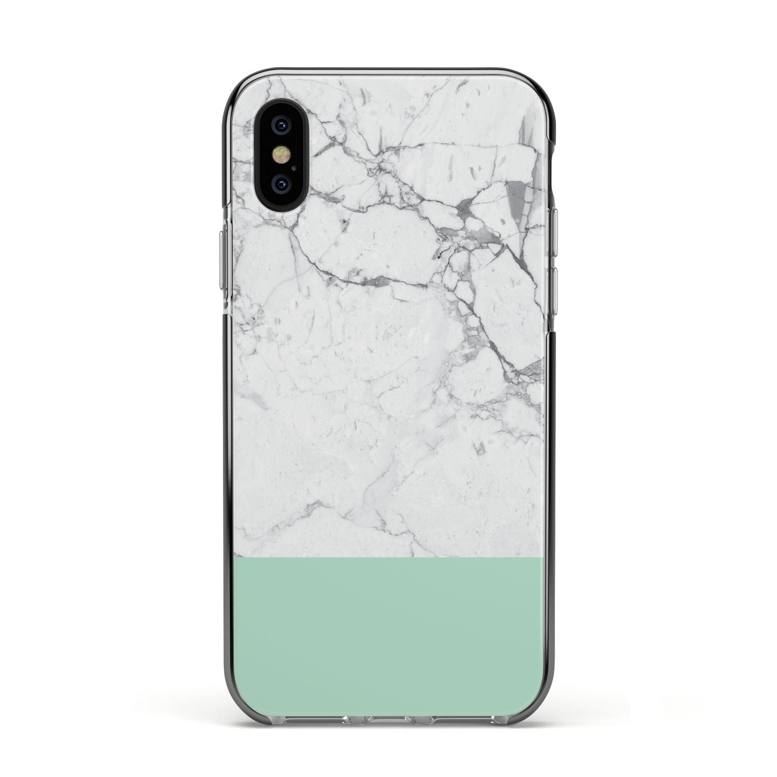 Marble White Carrara Green Apple iPhone Xs Impact Case Black Edge on Black Phone
