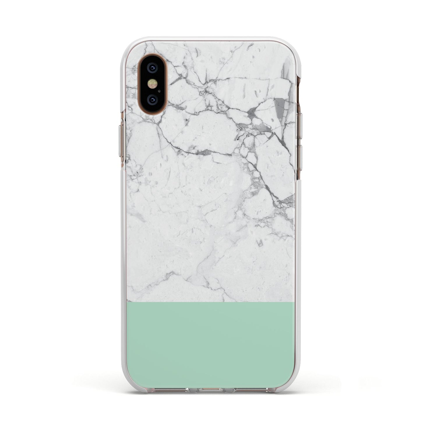 Marble White Carrara Green Apple iPhone Xs Impact Case White Edge on Gold Phone