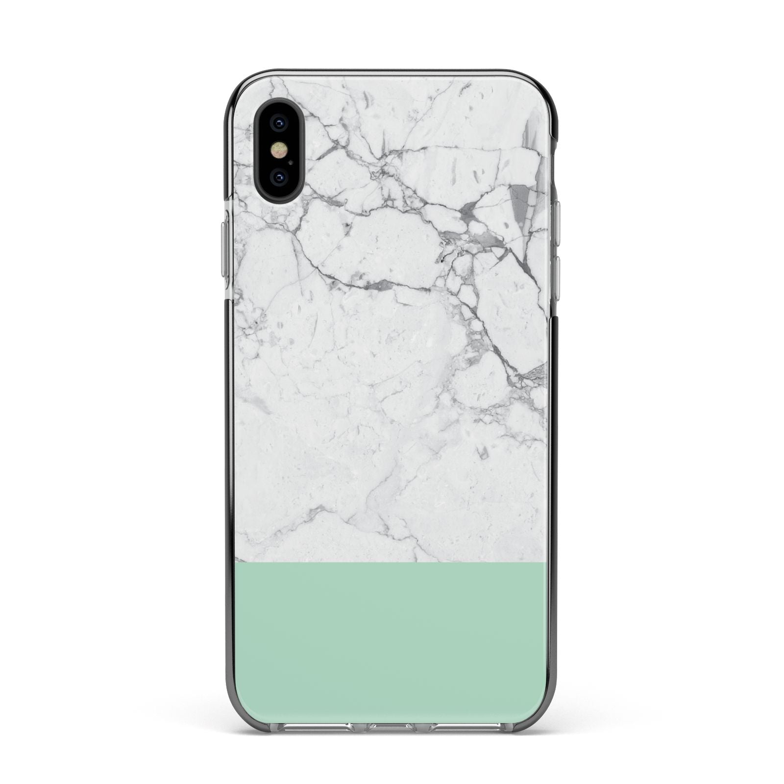 Marble White Carrara Green Apple iPhone Xs Max Impact Case Black Edge on Black Phone