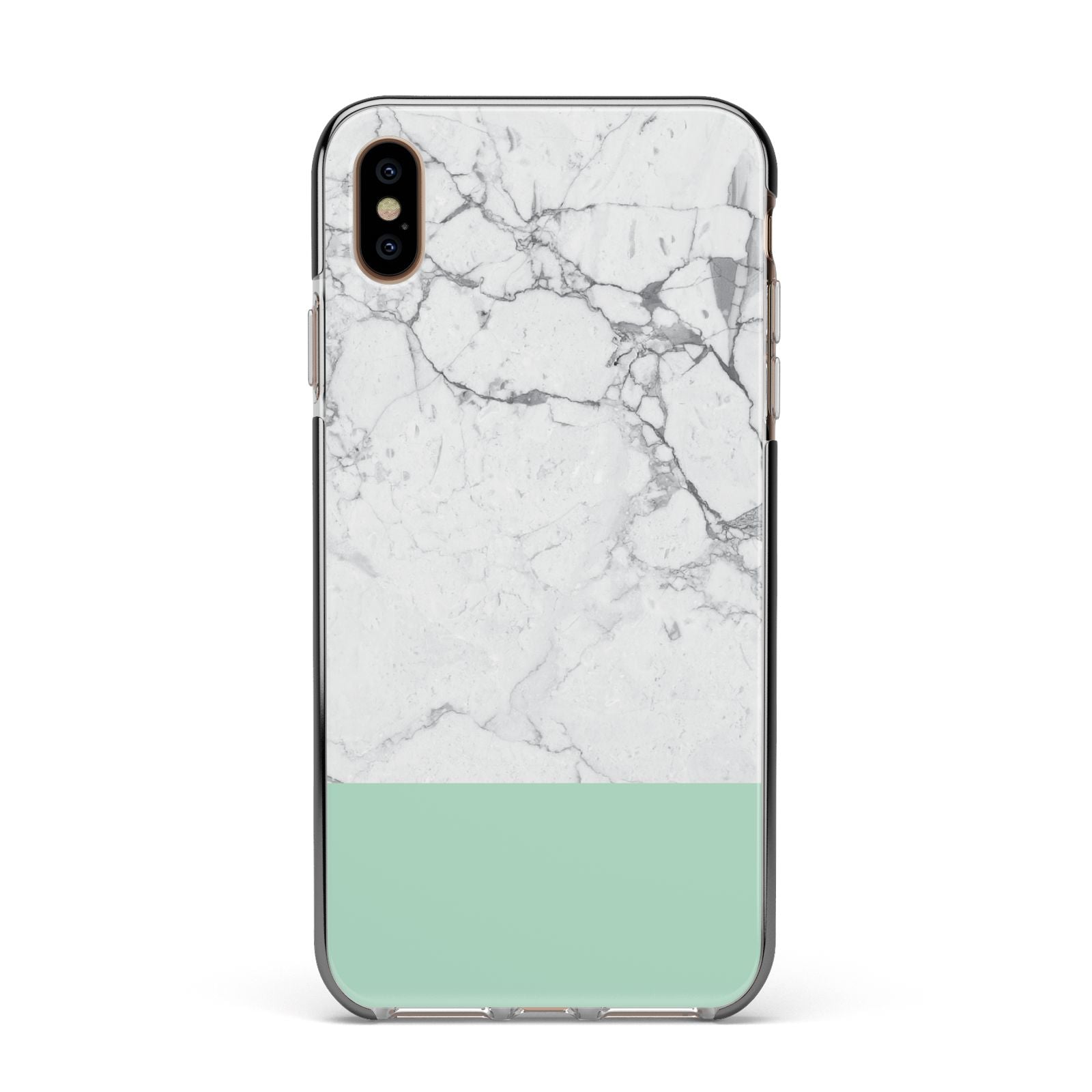 Marble White Carrara Green Apple iPhone Xs Max Impact Case Black Edge on Gold Phone