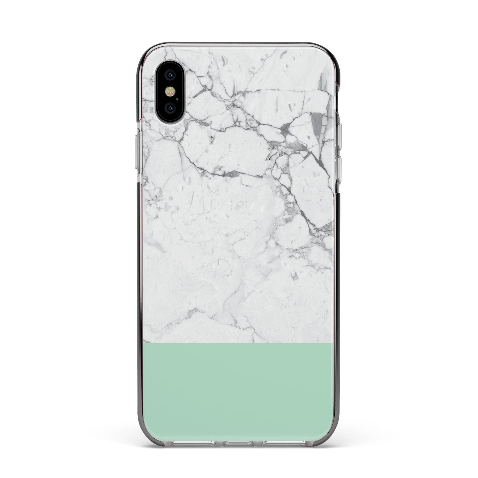Marble White Carrara Green Apple iPhone Xs Max Impact Case Black Edge on Silver Phone