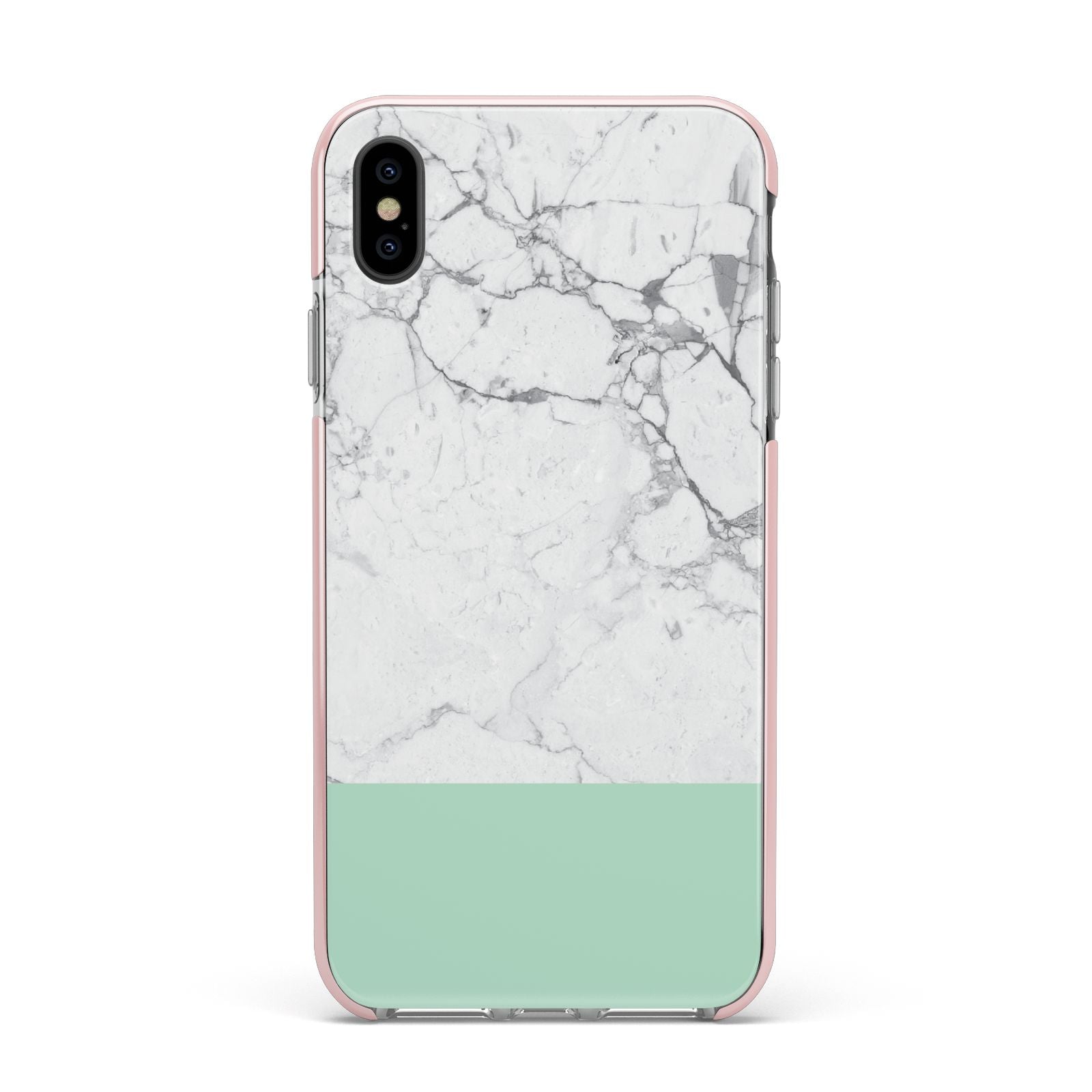 Marble White Carrara Green Apple iPhone Xs Max Impact Case Pink Edge on Black Phone