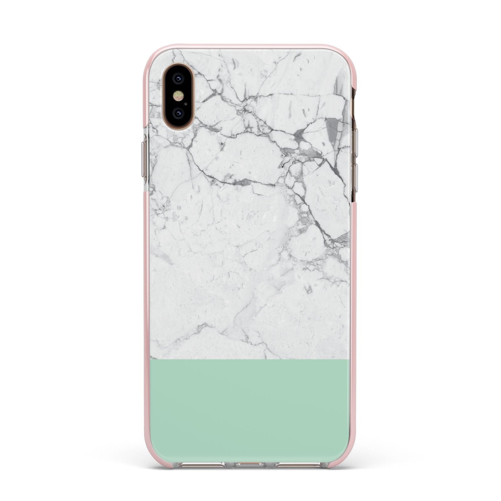 Marble White Carrara Green Apple iPhone Xs Max Impact Case Pink Edge on Gold Phone