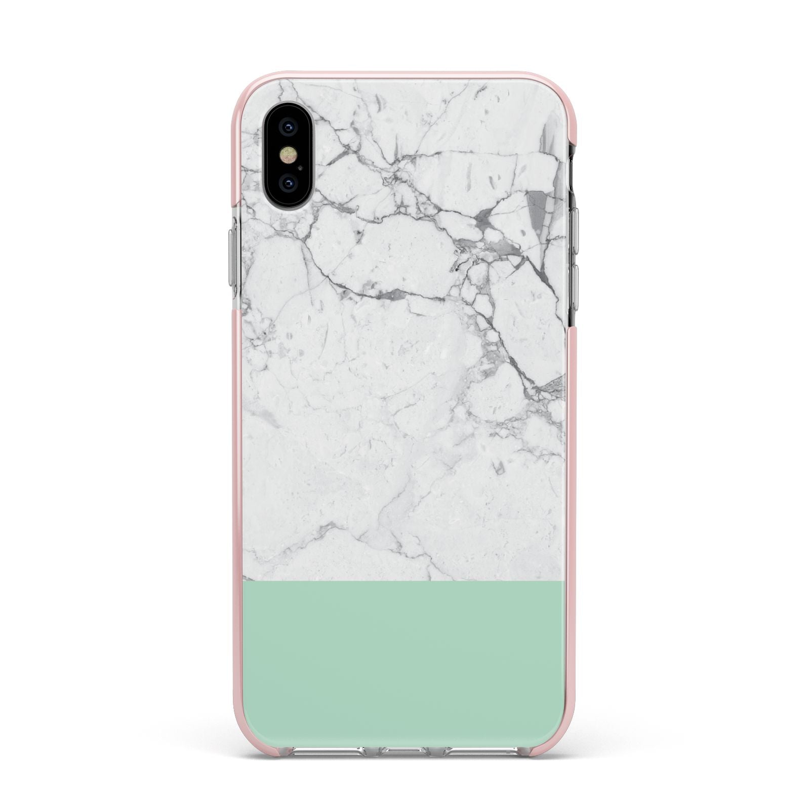 Marble White Carrara Green Apple iPhone Xs Max Impact Case Pink Edge on Silver Phone