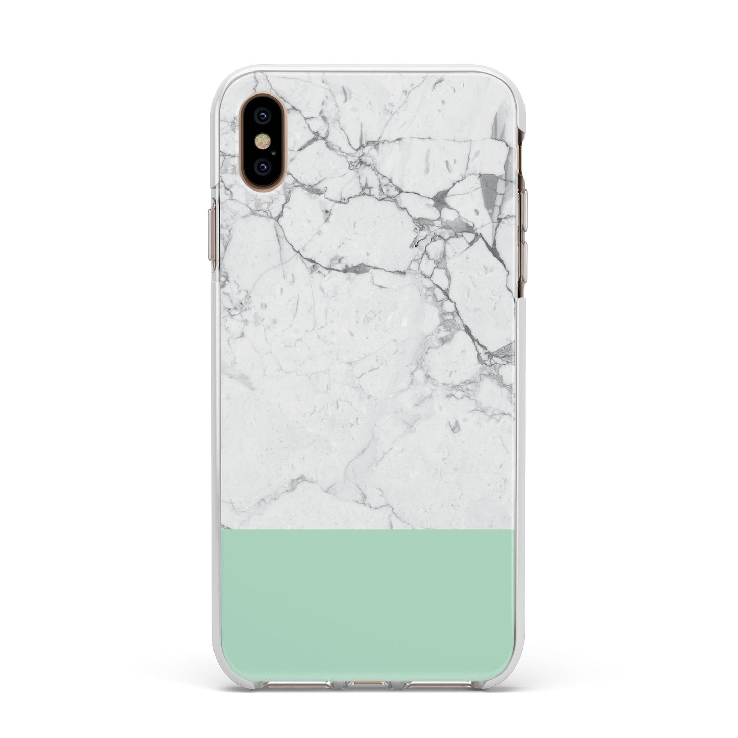 Marble White Carrara Green Apple iPhone Xs Max Impact Case White Edge on Gold Phone