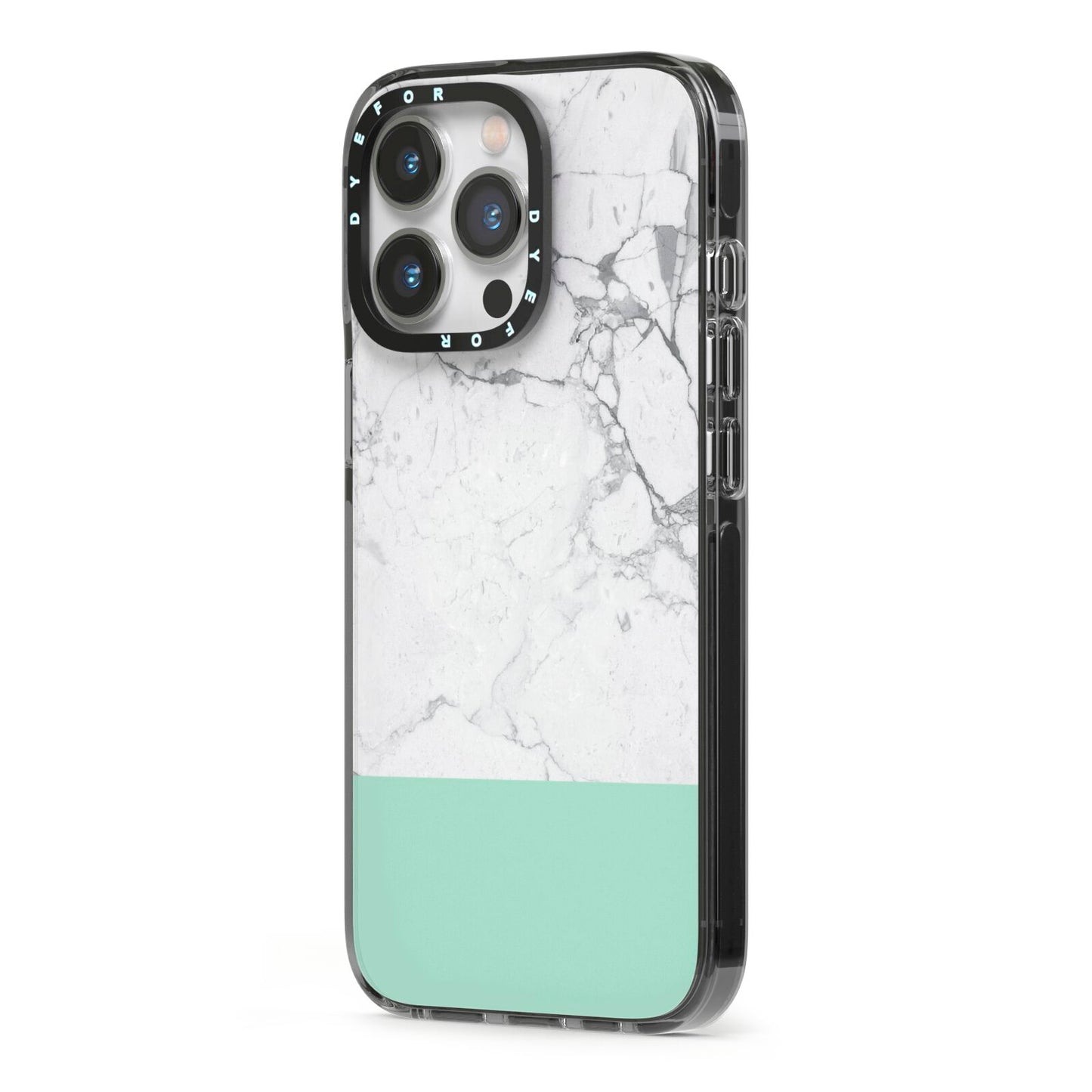 Marble White Carrara Green iPhone 13 Pro Black Impact Case Side Angle on Silver phone