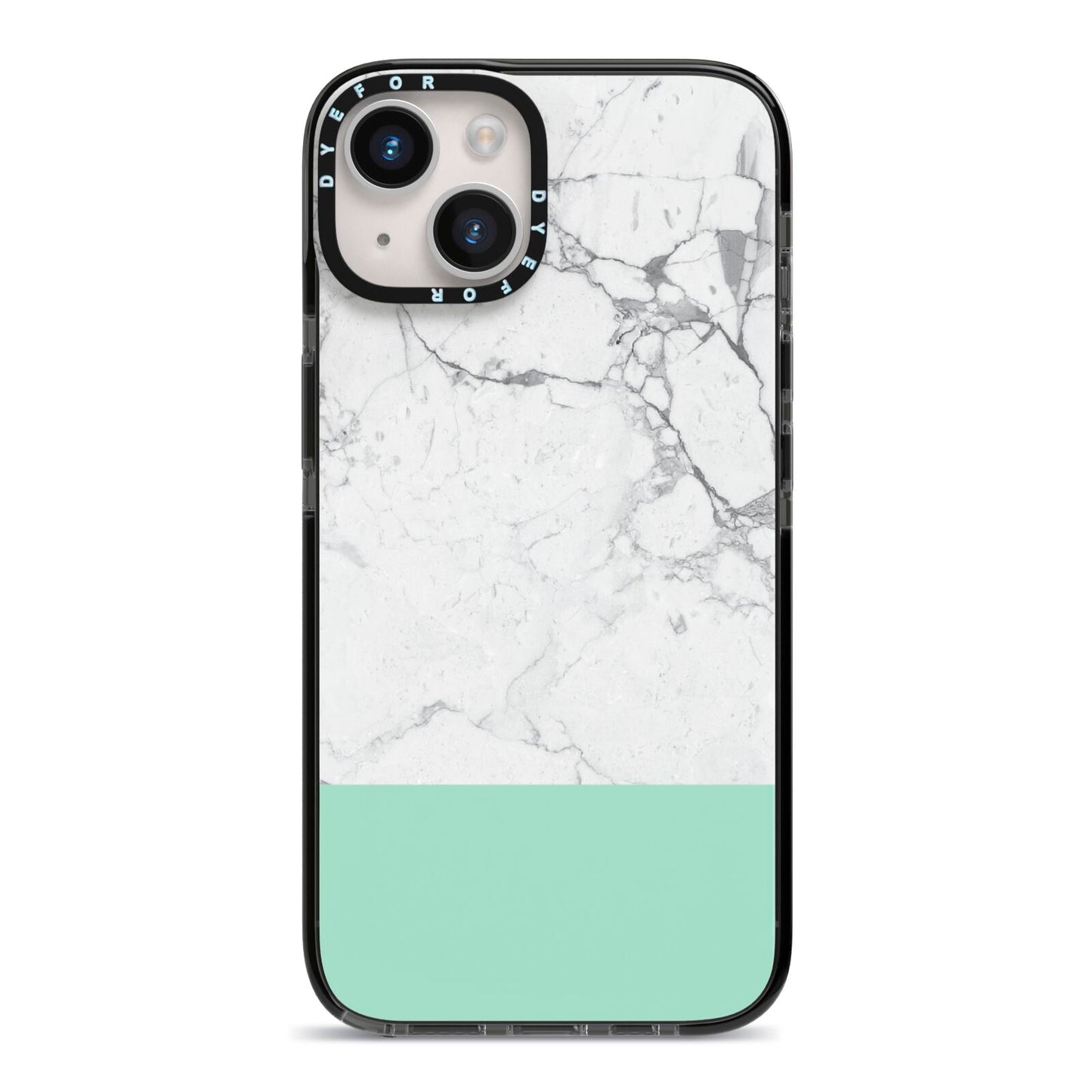 Marble White Carrara Green iPhone 14 Black Impact Case on Silver phone