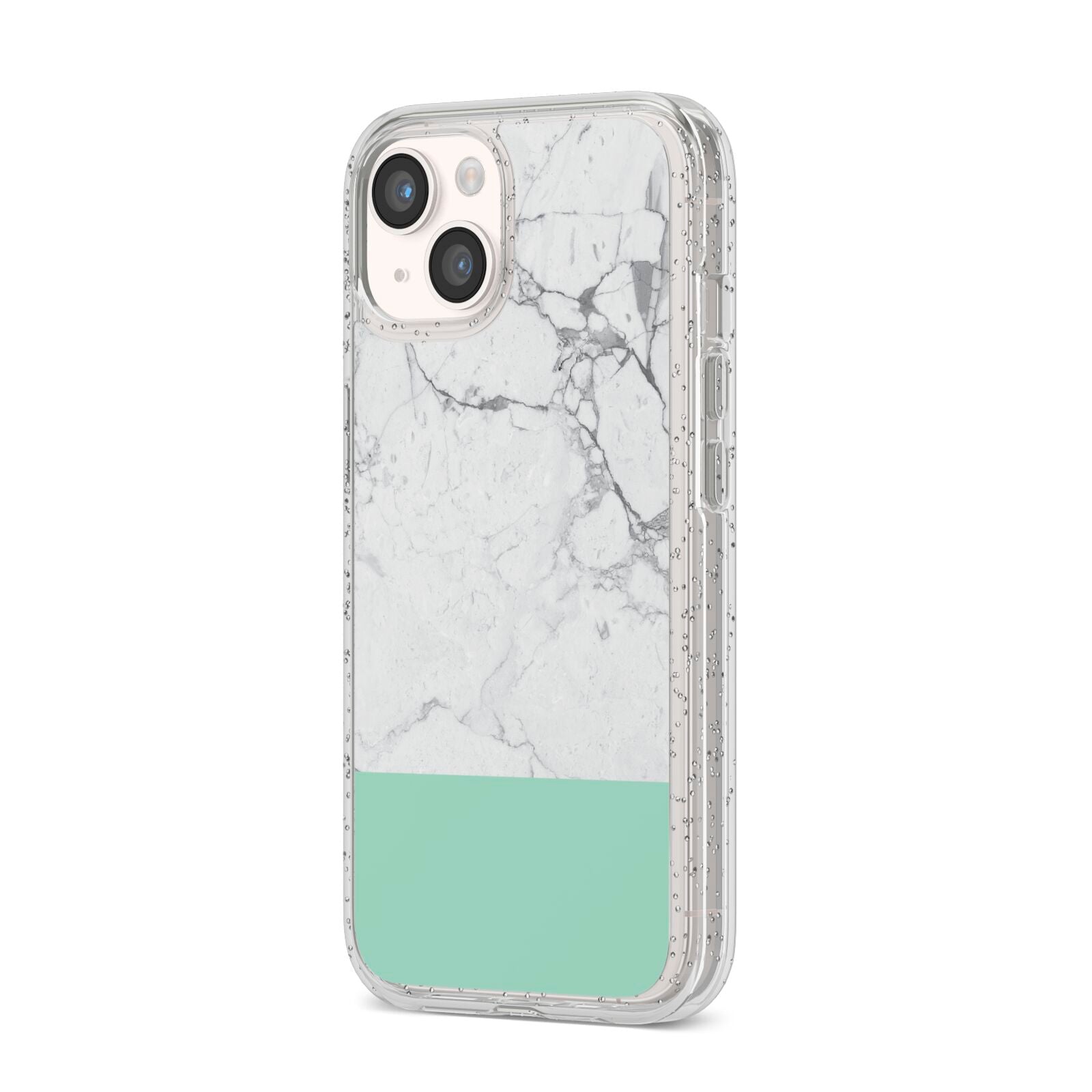 Marble White Carrara Green iPhone 14 Glitter Tough Case Starlight Angled Image