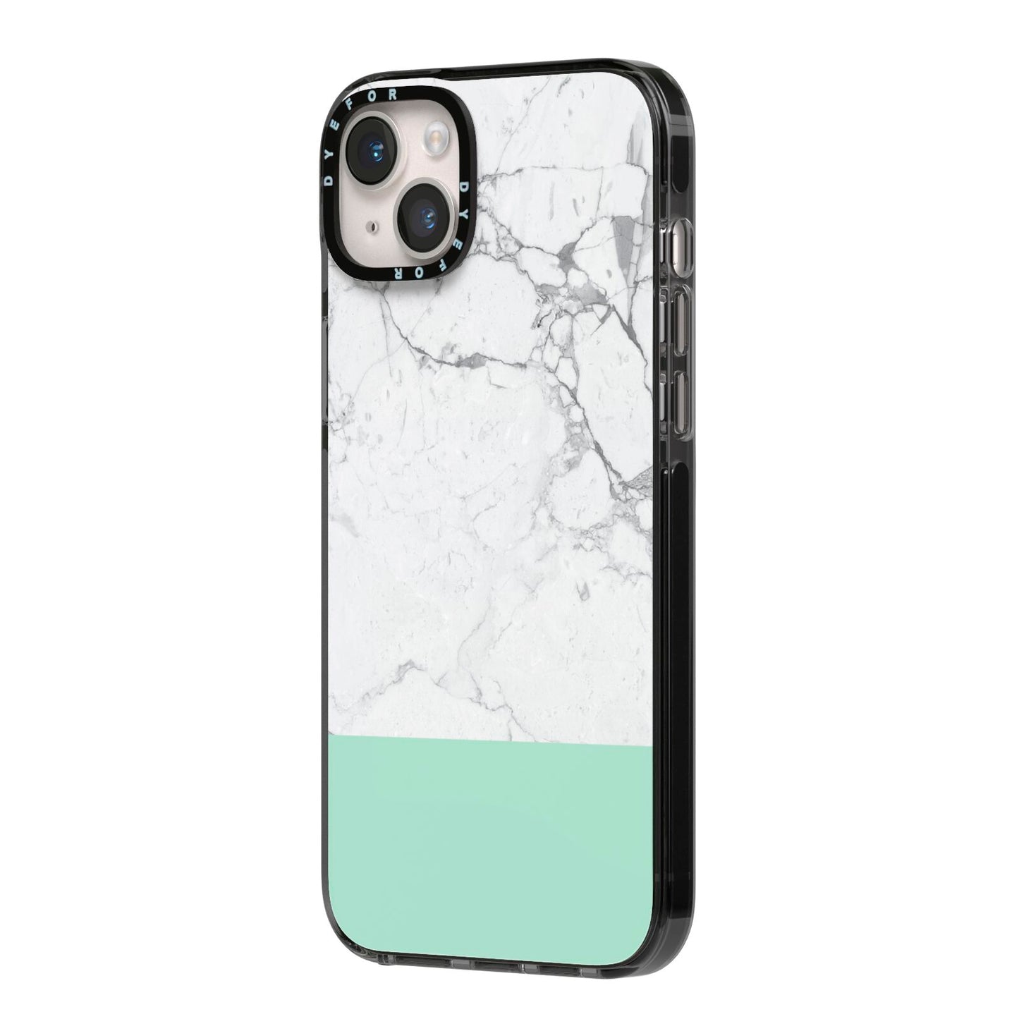 Marble White Carrara Green iPhone 14 Plus Black Impact Case Side Angle on Silver phone