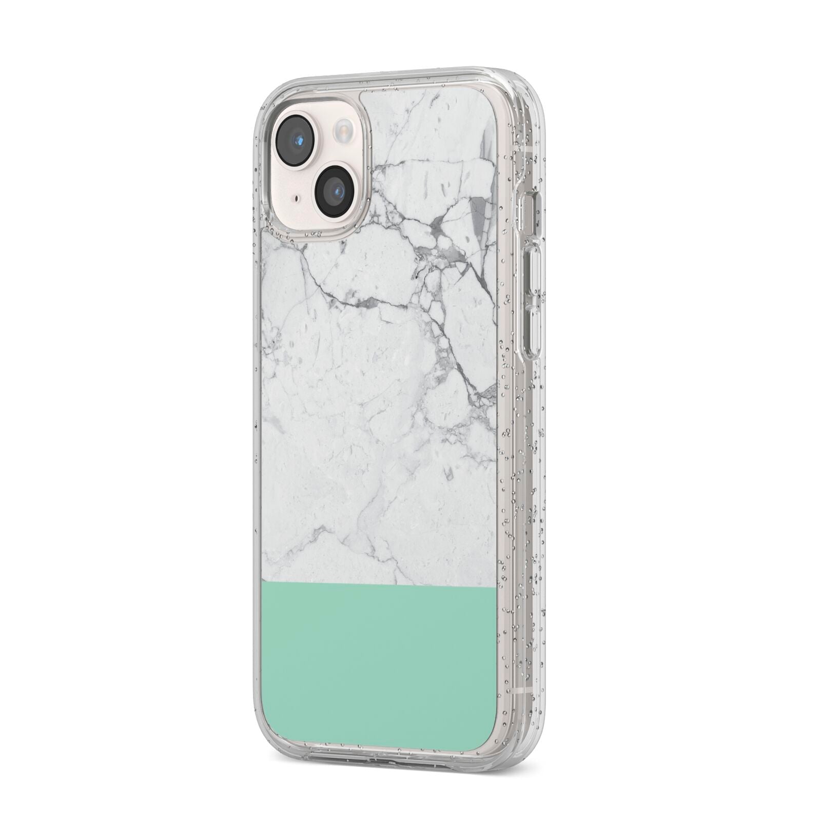 Marble White Carrara Green iPhone 14 Plus Glitter Tough Case Starlight Angled Image