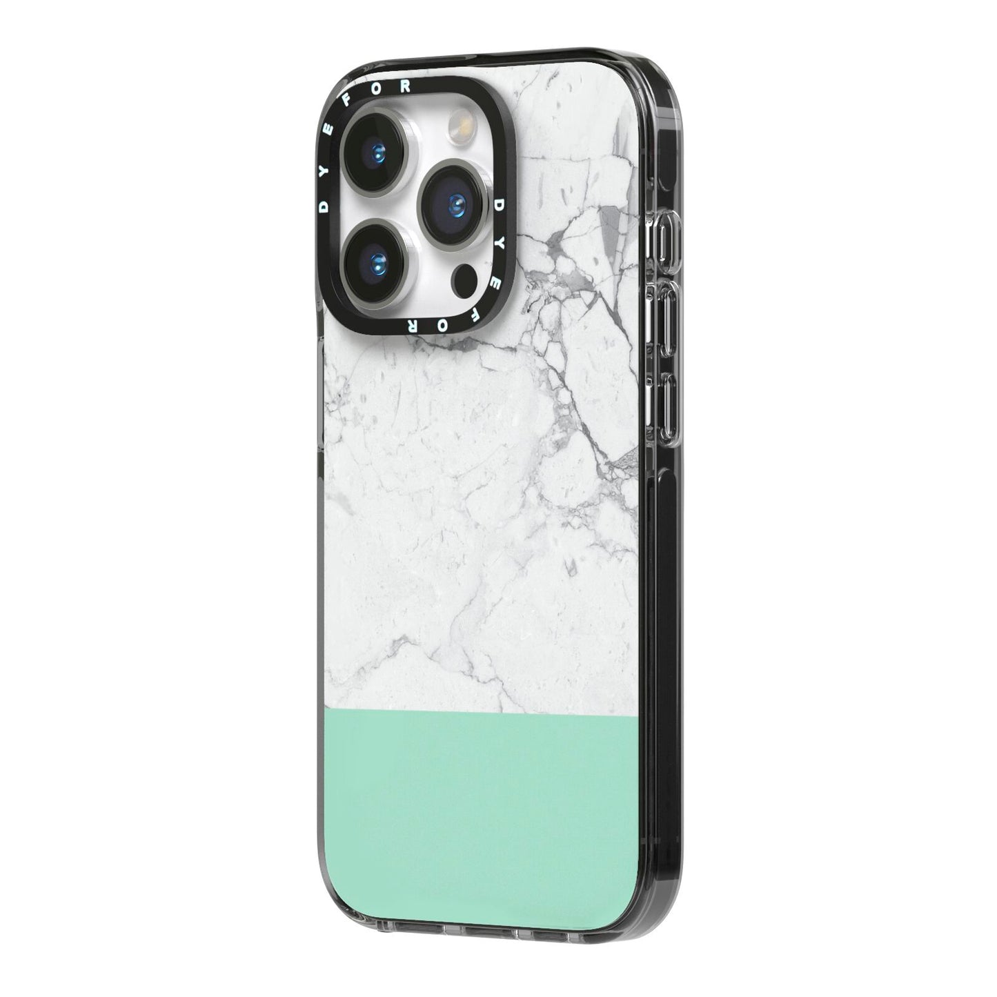 Marble White Carrara Green iPhone 14 Pro Black Impact Case Side Angle on Silver phone