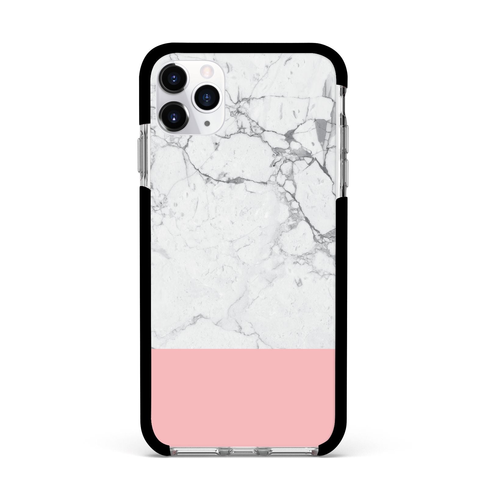 Marble White Carrara Pink Apple iPhone 11 Pro Max in Silver with Black Impact Case