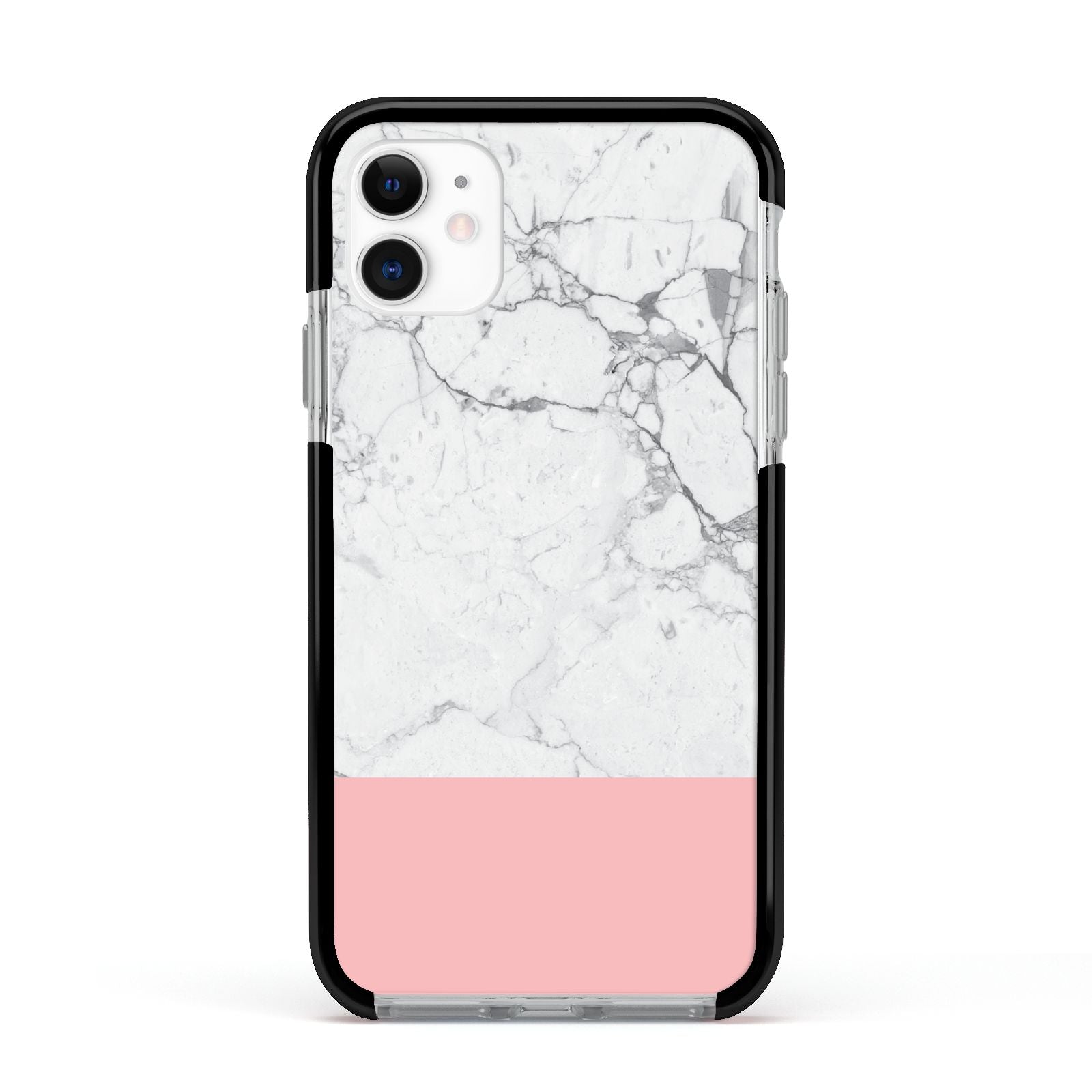 Marble White Carrara Pink Apple iPhone 11 in White with Black Impact Case