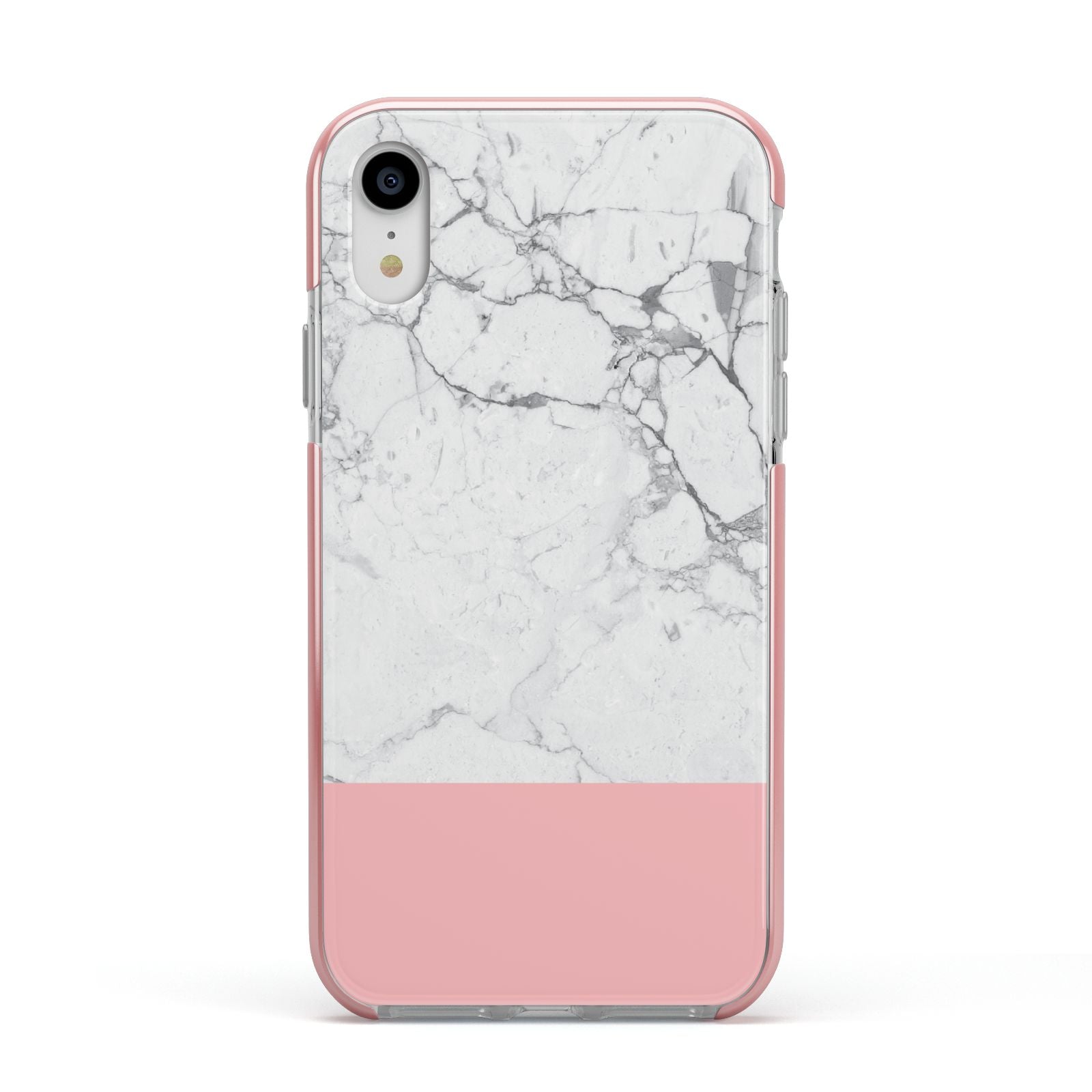 Marble White Carrara Pink Apple iPhone XR Impact Case Pink Edge on Silver Phone
