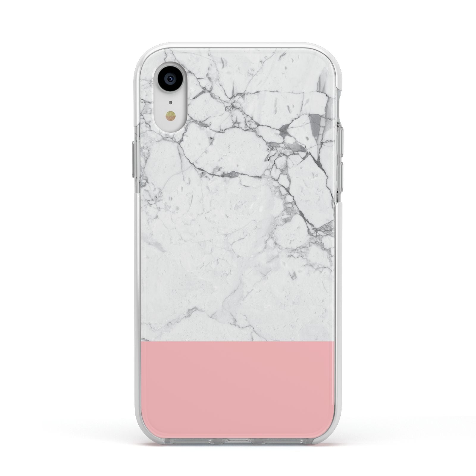 Marble White Carrara Pink Apple iPhone XR Impact Case White Edge on Silver Phone