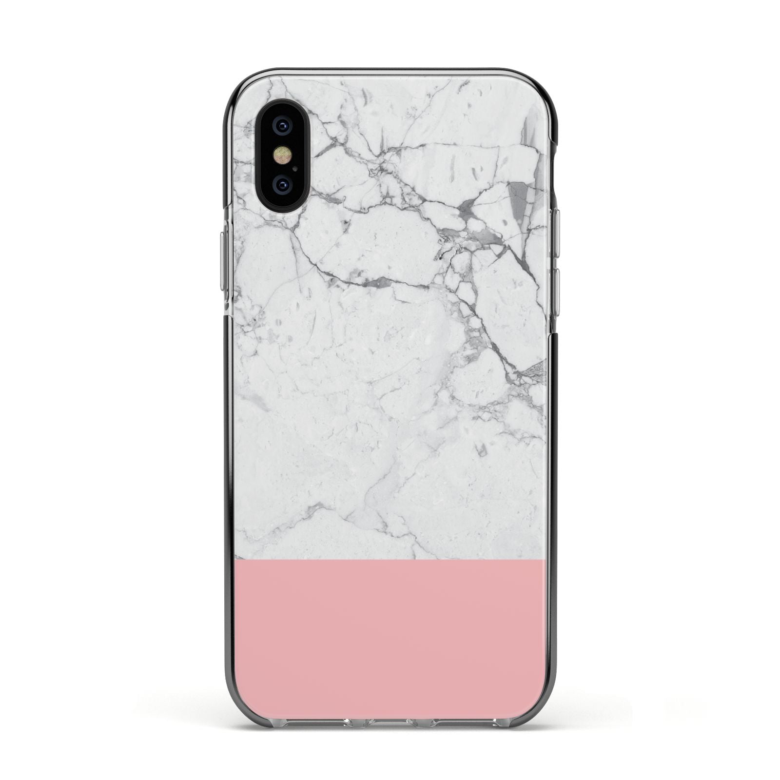 Marble White Carrara Pink Apple iPhone Xs Impact Case Black Edge on Black Phone