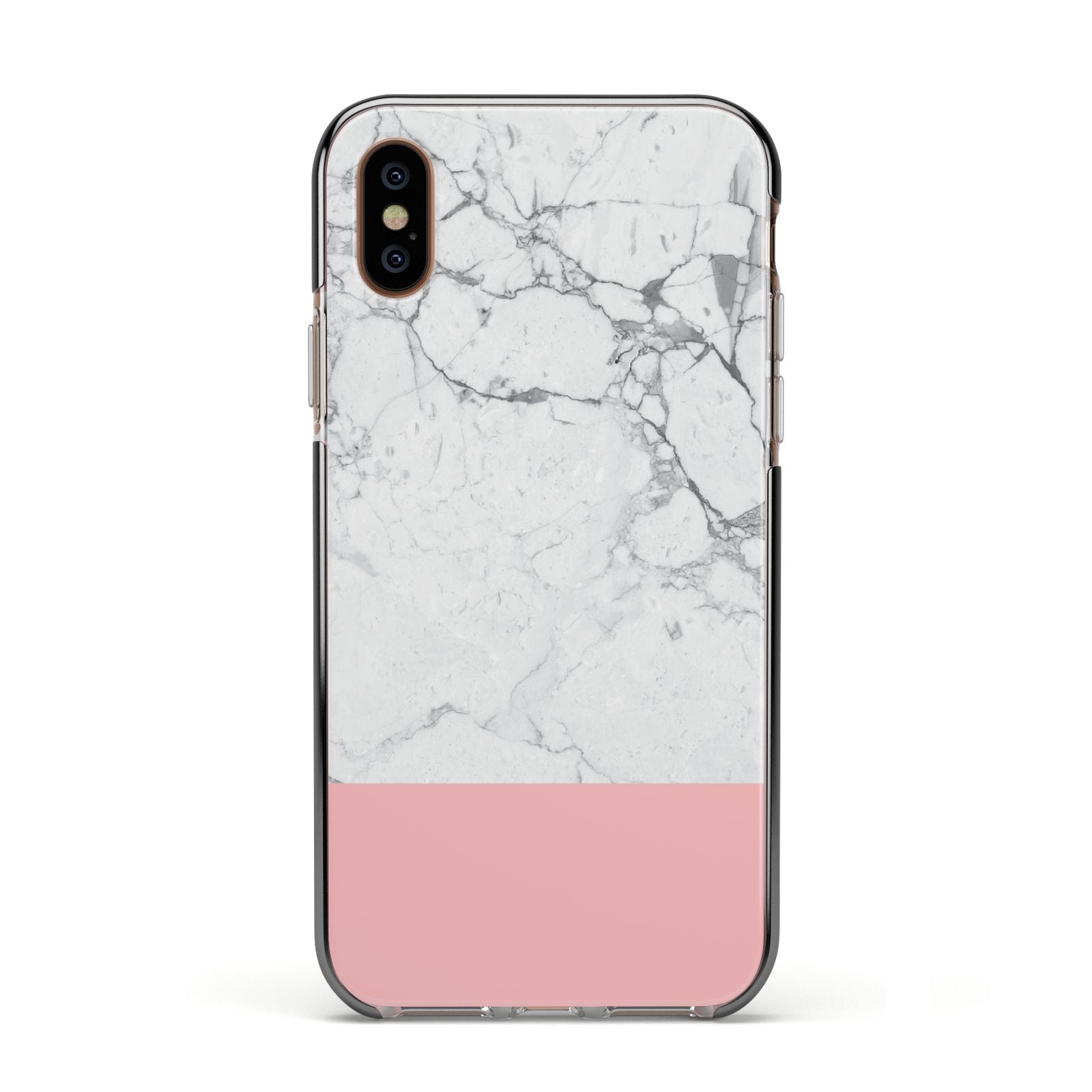Marble White Carrara Pink Apple iPhone Xs Impact Case Black Edge on Gold Phone