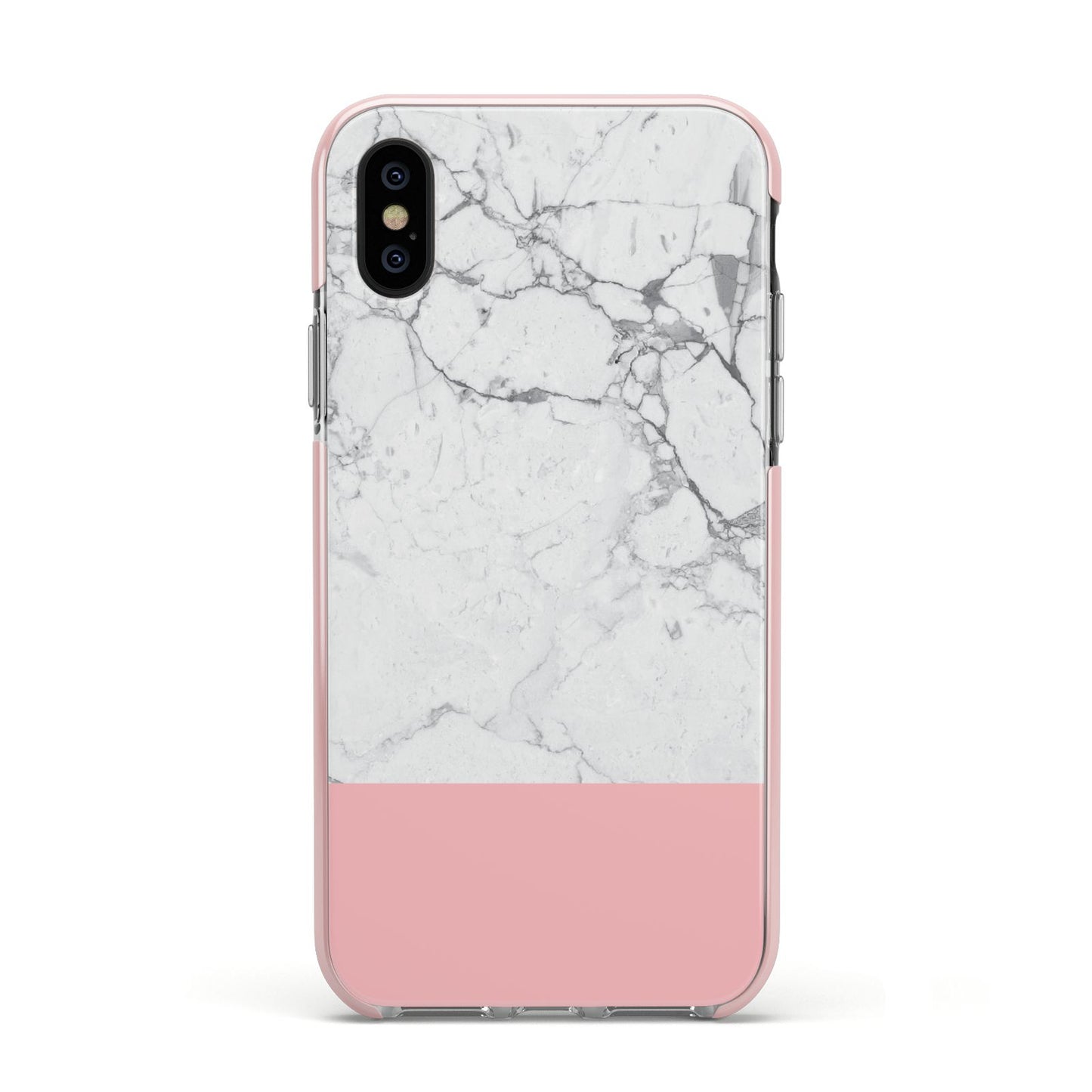 Marble White Carrara Pink Apple iPhone Xs Impact Case Pink Edge on Black Phone