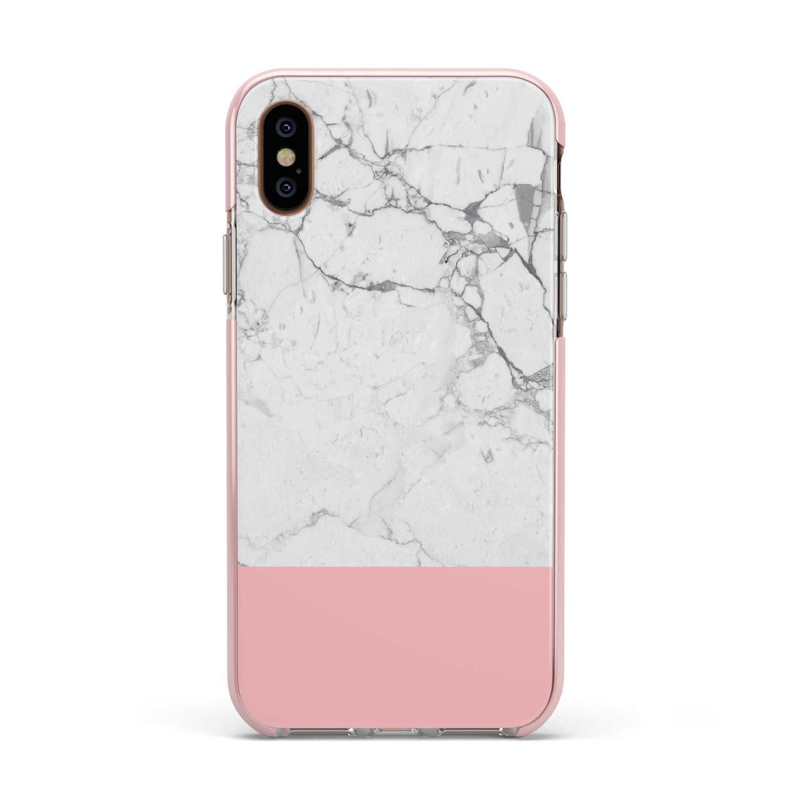 Marble White Carrara Pink Apple iPhone Xs Impact Case Pink Edge on Gold Phone
