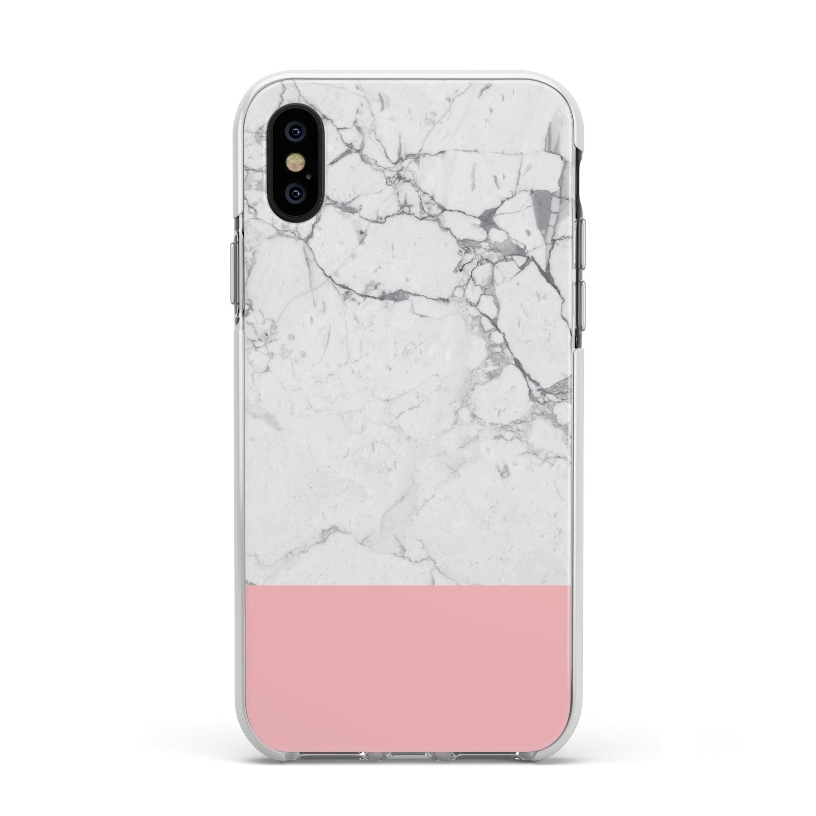 Marble White Carrara Pink Apple iPhone Xs Impact Case White Edge on Black Phone