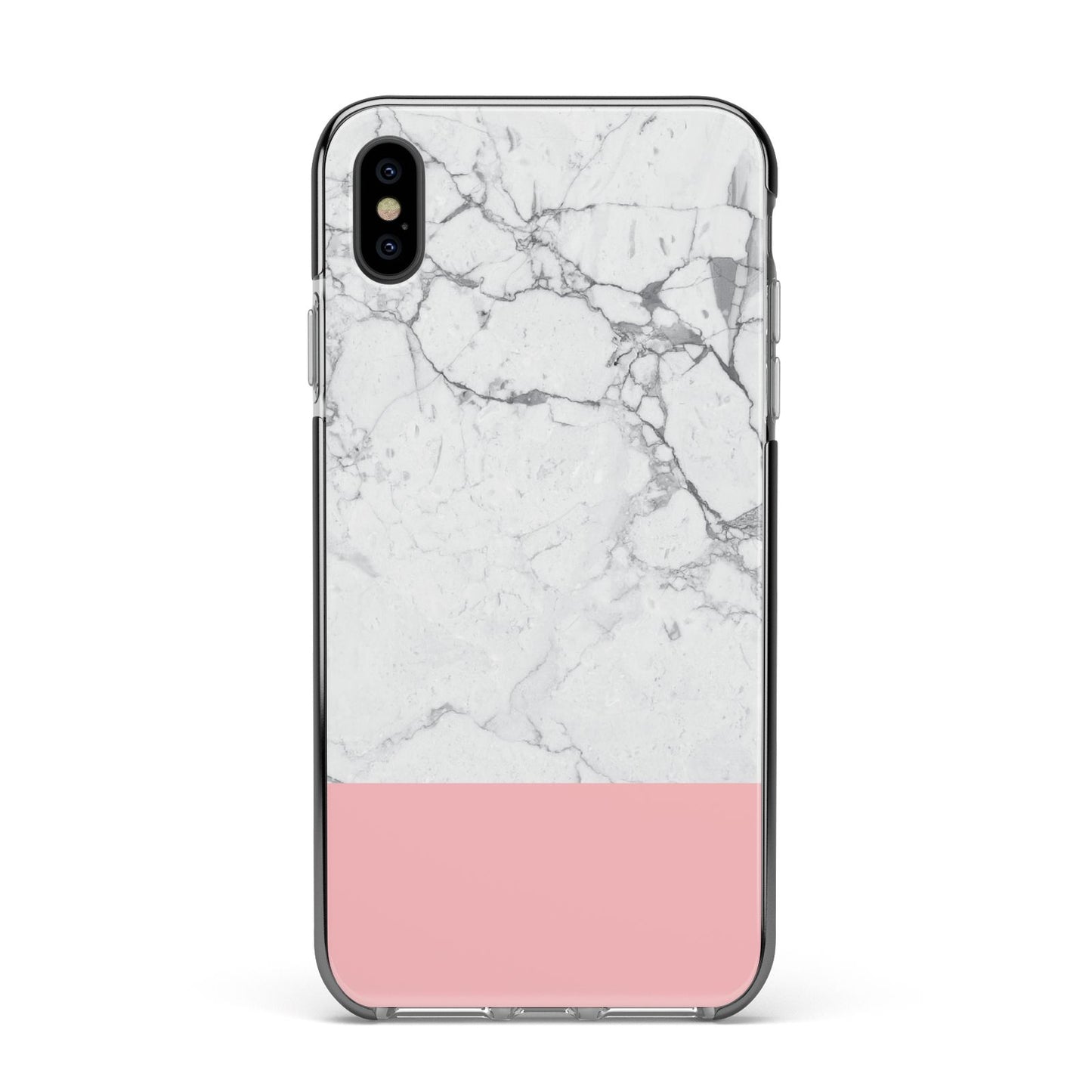 Marble White Carrara Pink Apple iPhone Xs Max Impact Case Black Edge on Black Phone