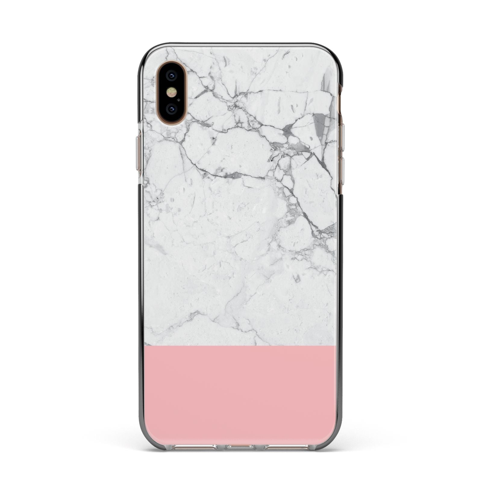 Marble White Carrara Pink Apple iPhone Xs Max Impact Case Black Edge on Gold Phone