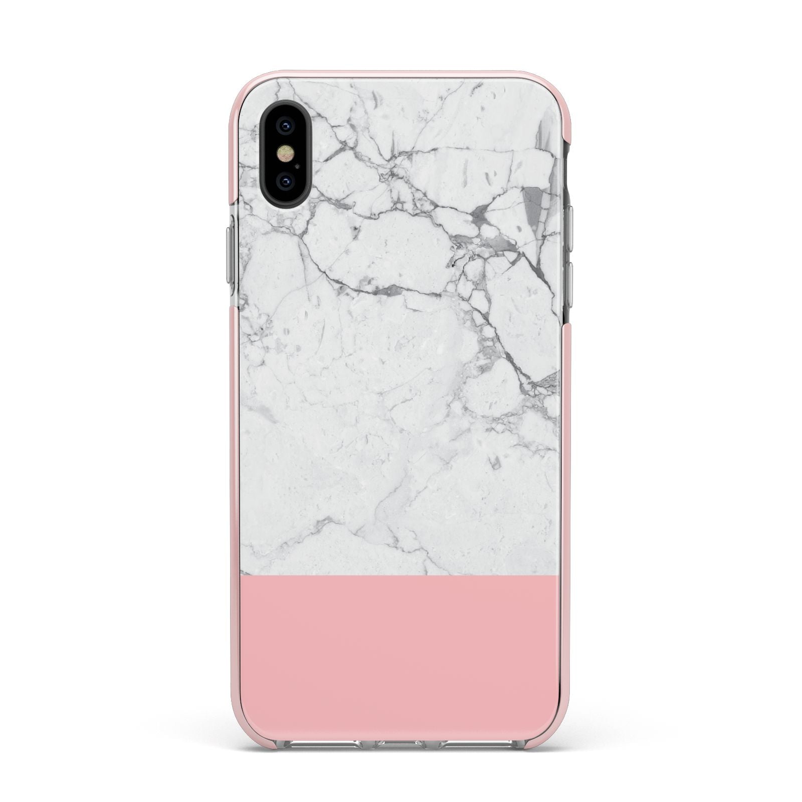 Marble White Carrara Pink Apple iPhone Xs Max Impact Case Pink Edge on Black Phone