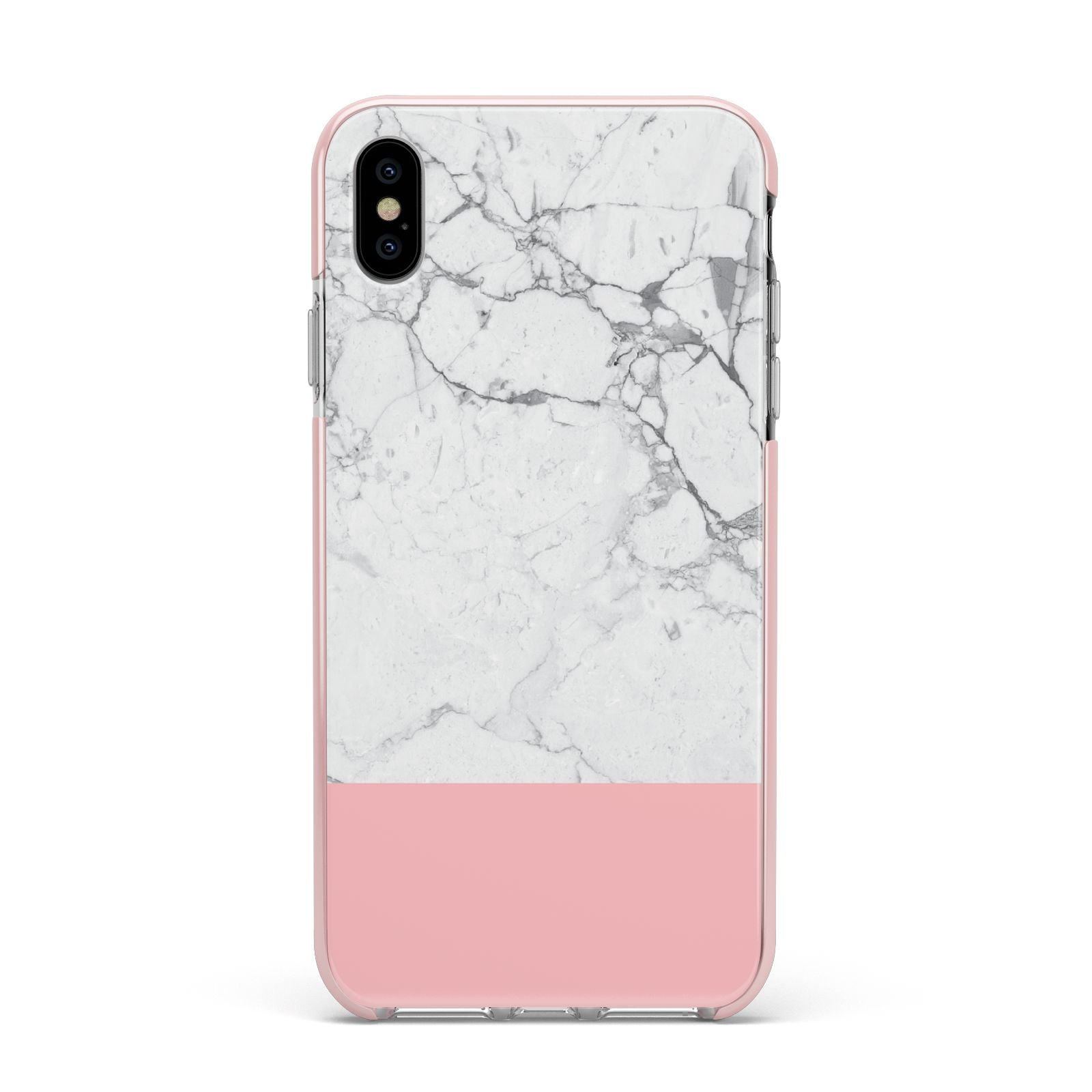 Marble White Carrara Pink Apple iPhone Xs Max Impact Case Pink Edge on Silver Phone