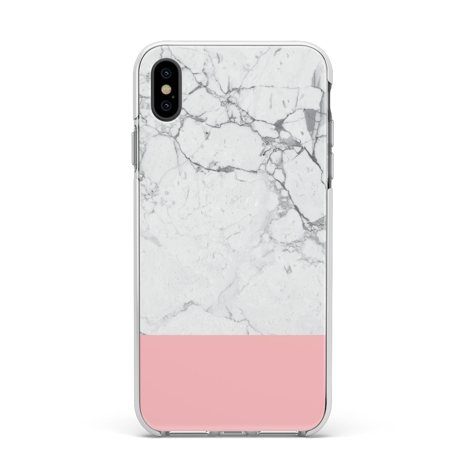 Marble White Carrara Pink Apple iPhone Xs Max Impact Case White Edge on Black Phone