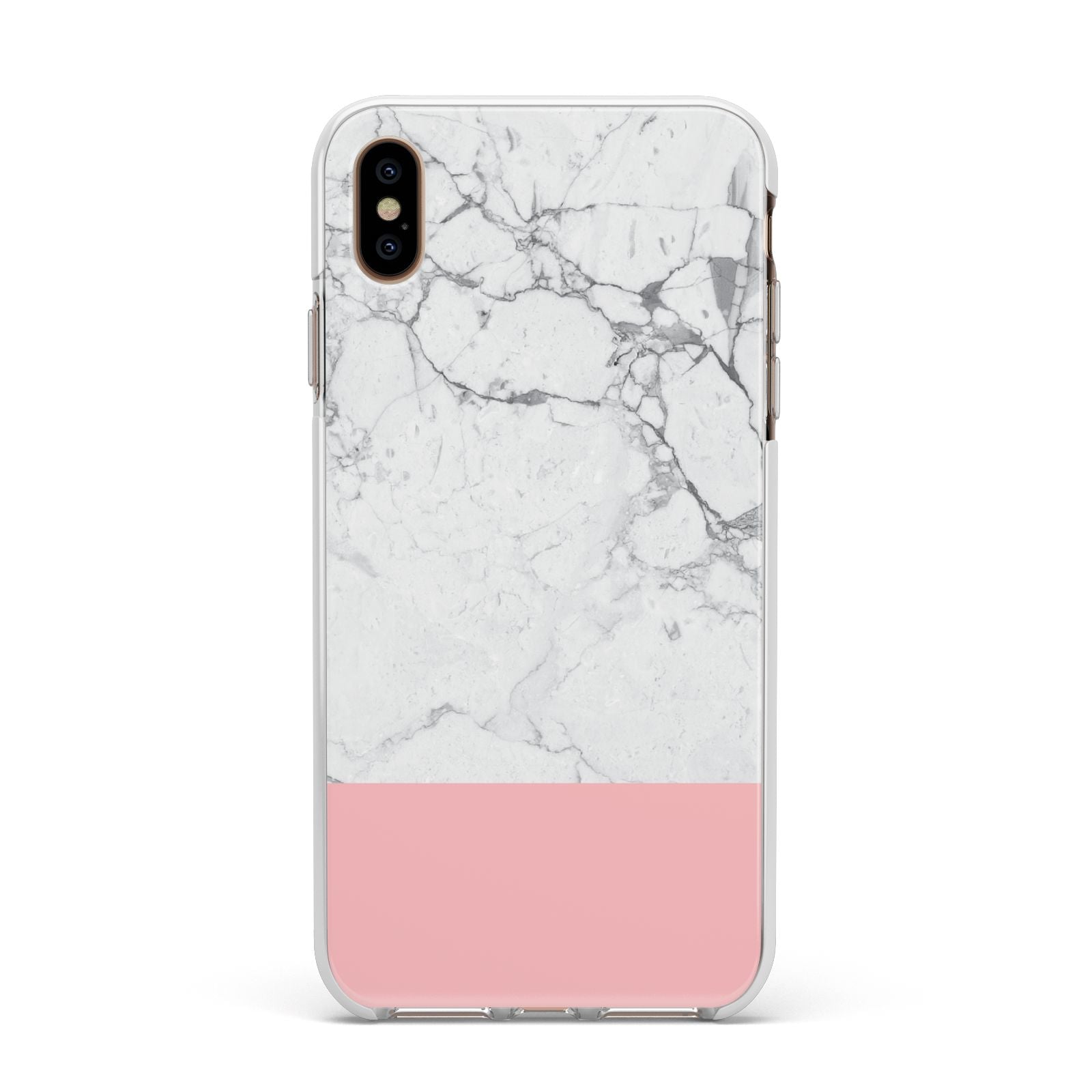 Marble White Carrara Pink Apple iPhone Xs Max Impact Case White Edge on Gold Phone