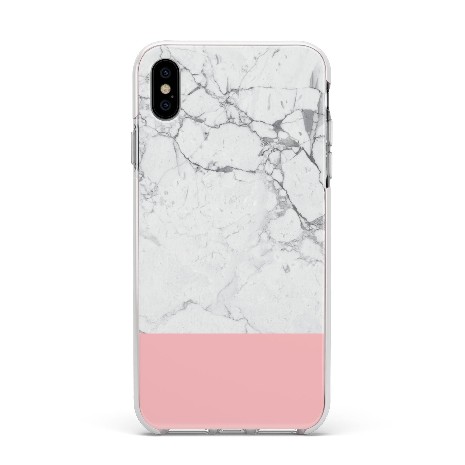 Marble White Carrara Pink Apple iPhone Xs Max Impact Case White Edge on Silver Phone