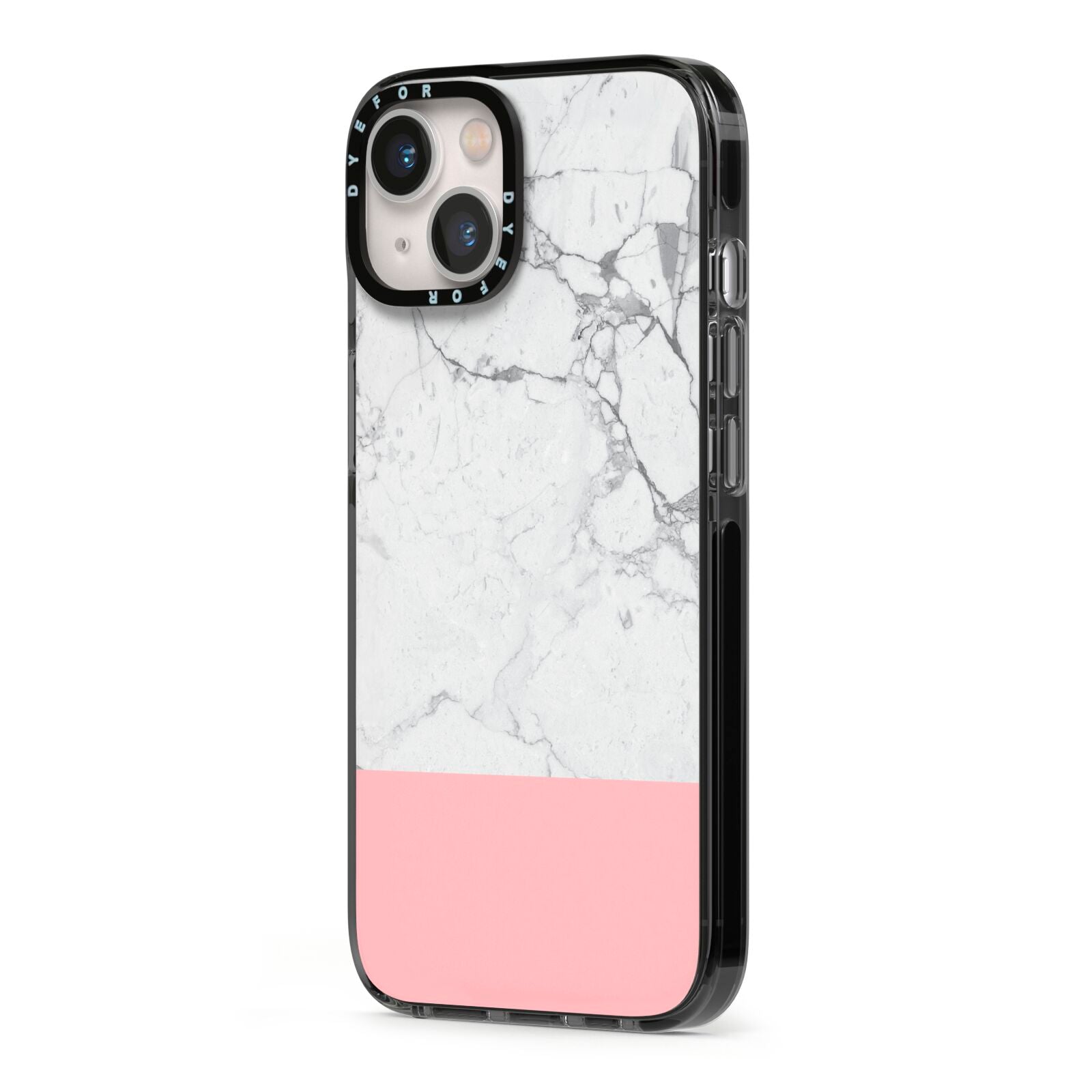 Marble White Carrara Pink iPhone 13 Black Impact Case Side Angle on Silver phone