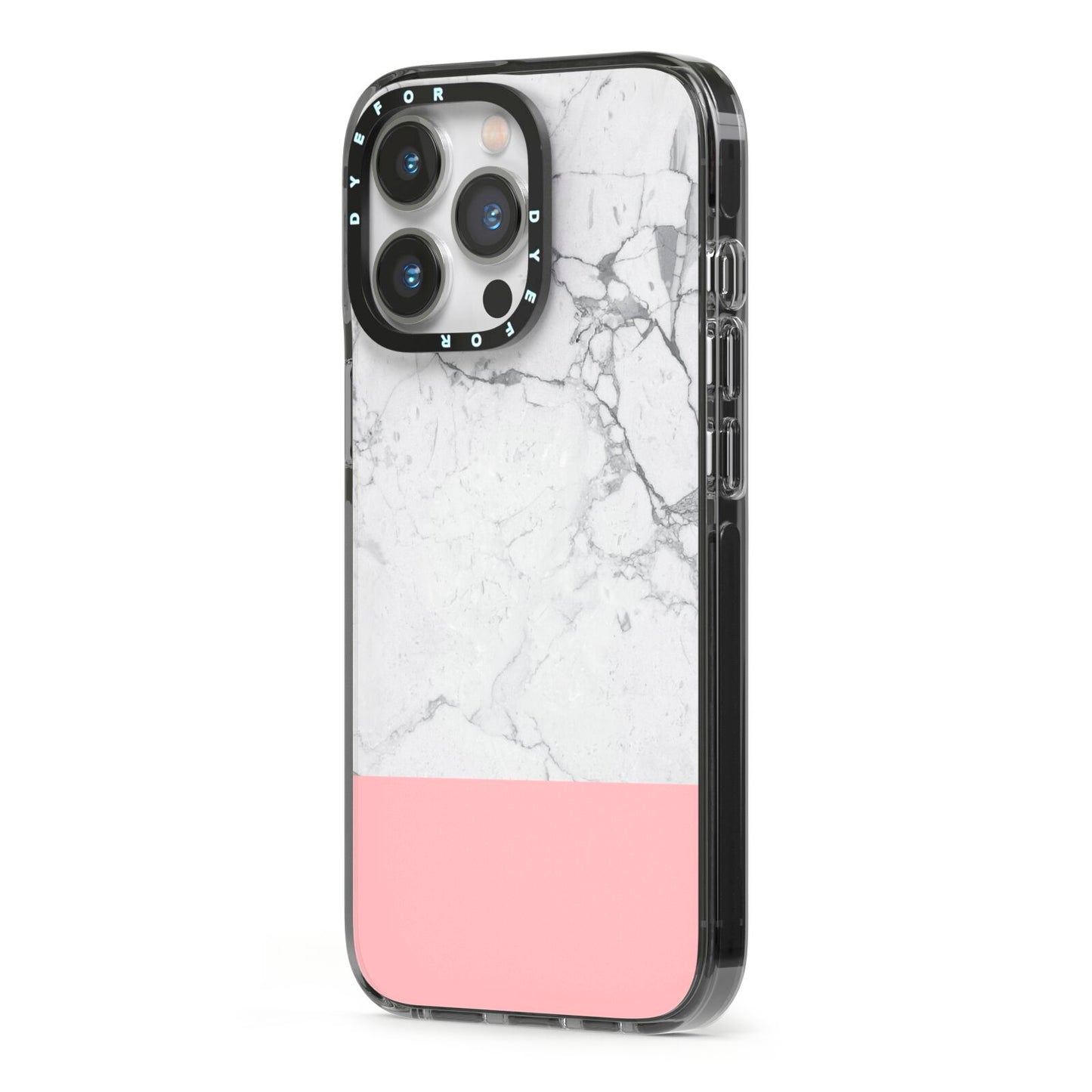 Marble White Carrara Pink iPhone 13 Pro Black Impact Case Side Angle on Silver phone