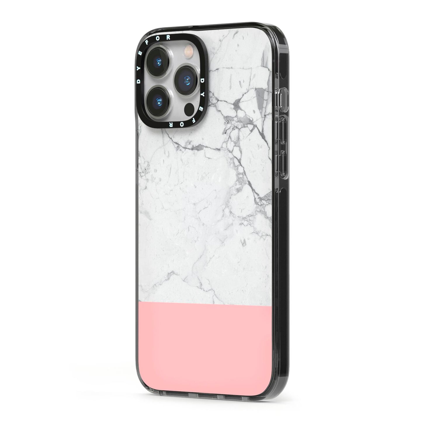 Marble White Carrara Pink iPhone 13 Pro Max Black Impact Case Side Angle on Silver phone