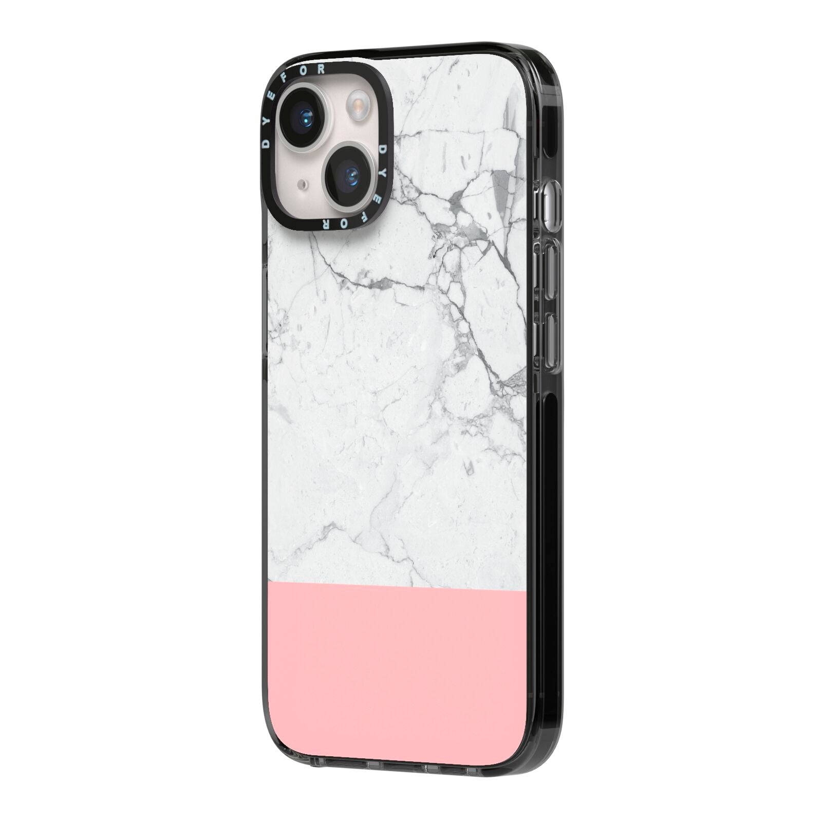 Marble White Carrara Pink iPhone 14 Black Impact Case Side Angle on Silver phone