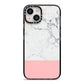 Marble White Carrara Pink iPhone 14 Black Impact Case on Silver phone