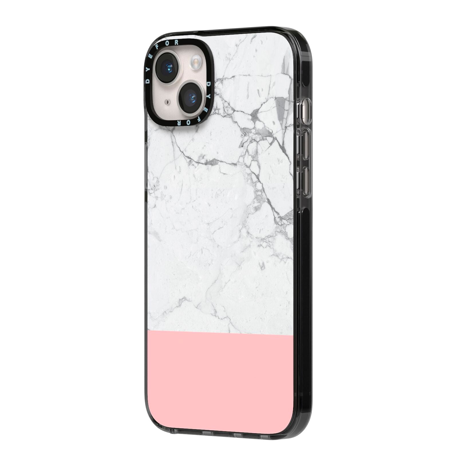 Marble White Carrara Pink iPhone 14 Plus Black Impact Case Side Angle on Silver phone